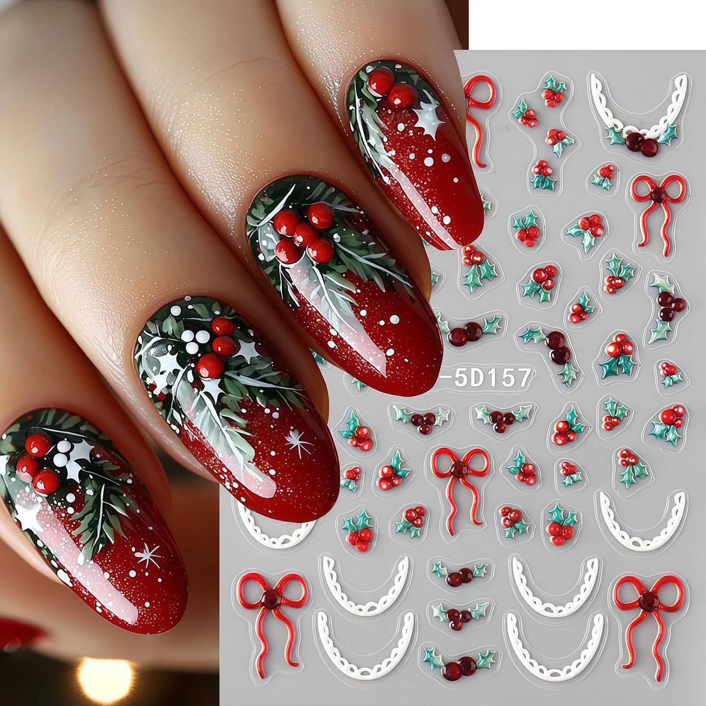 6 Sheets Christmas Snowflake Nail Art Stickers Winter Snowflakes Nail Decals Self Adhesive Embossed Snowflake Christmas Tree Bow Holly Leaves Nail Stickers for Women New Year Xmas DIY Manicure