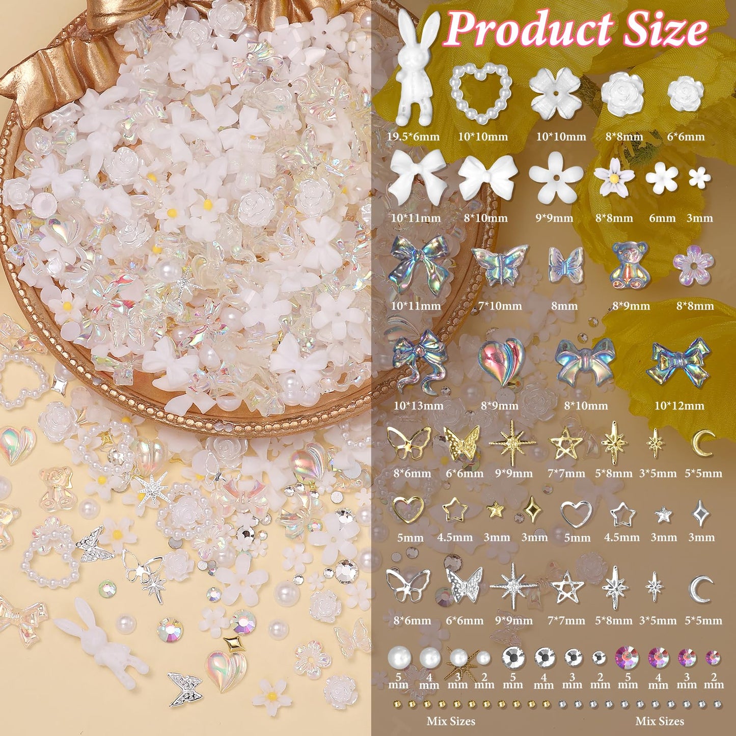 3D Nail Charms Junk Case Charms White Nail Flower Mix Style Butterfly Rose Bow Hollow Pearl Heart Nails Art Charm with Rhinestones Flatback Pearl for Acrylic Nails Art Manicure DIY
