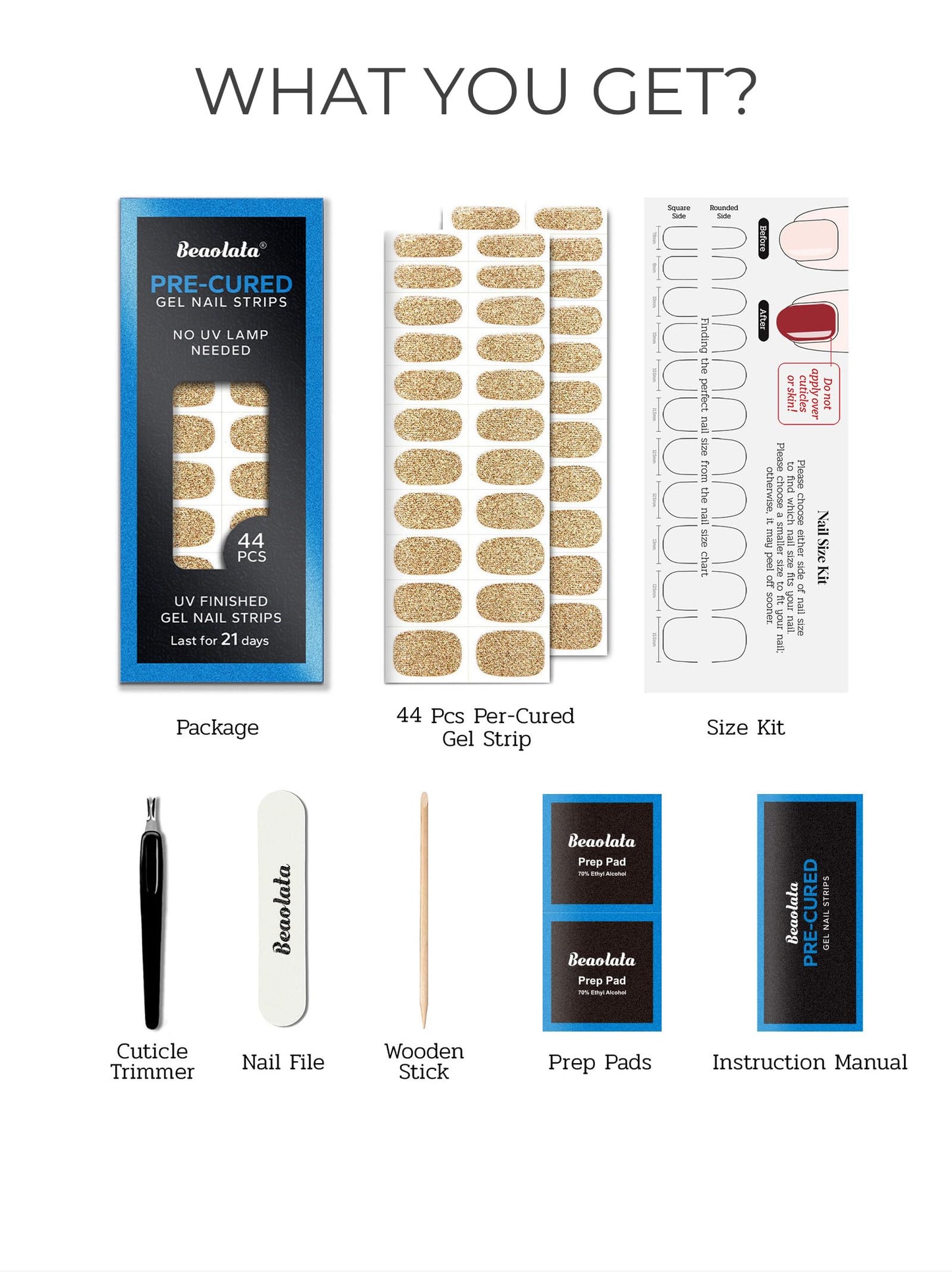 Beaolata Real Gel Nail Strips (No UV Light Needed) - 44Pcs Salon Quality Nail Stickers - Long Lasting Polish Wraps for Women, Easy Apply & Remove (Gilded Desire Gold)