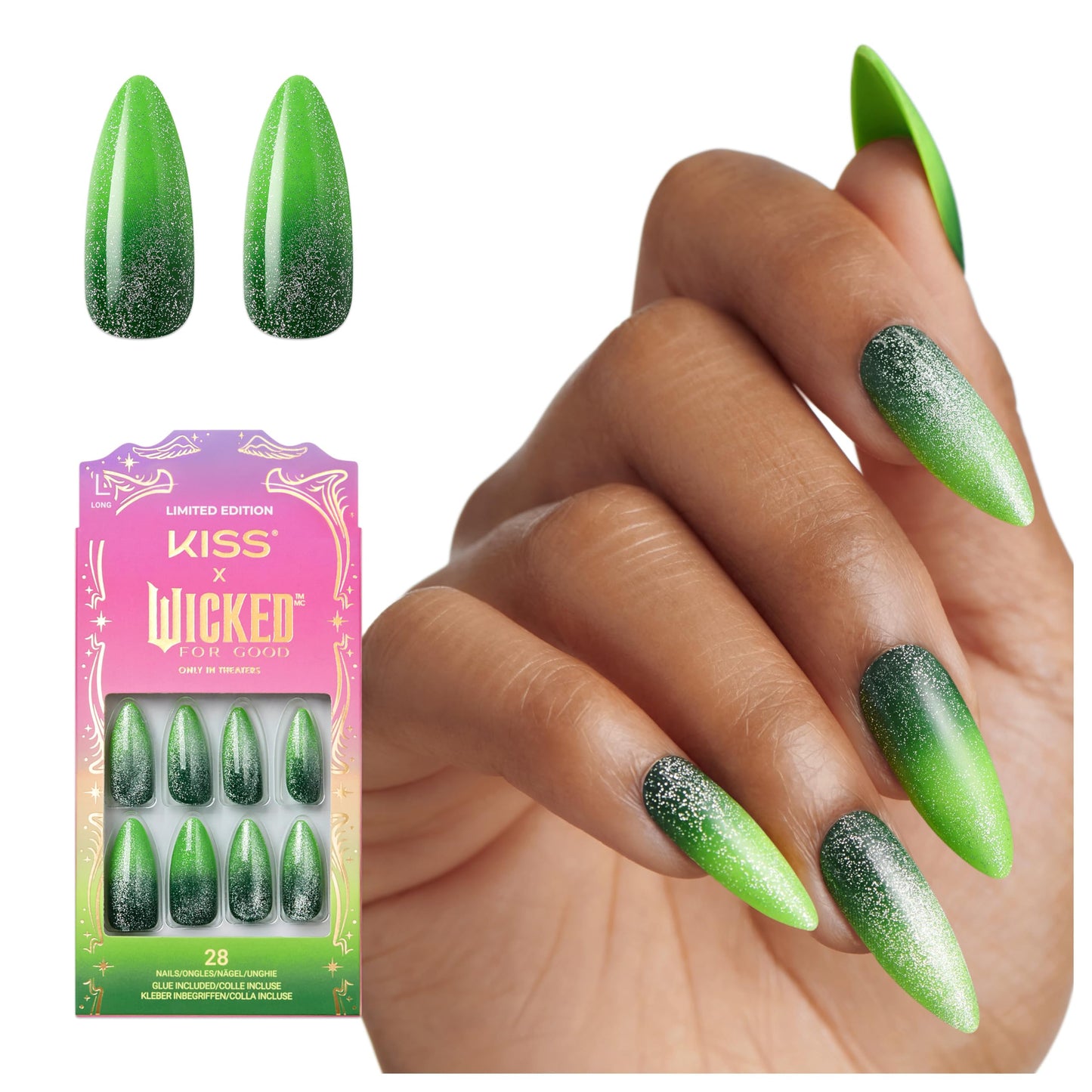 KISS X WICKED: FOR GOOD Press On Nails Almond, ‘I Feel Wicked’, Green, Long, Waterproof, Chip Proof, Smudge Proof, 28 Fake Nails, Pink Gel Nail Glue (2g), Mini Nail File, & Manicure Stick