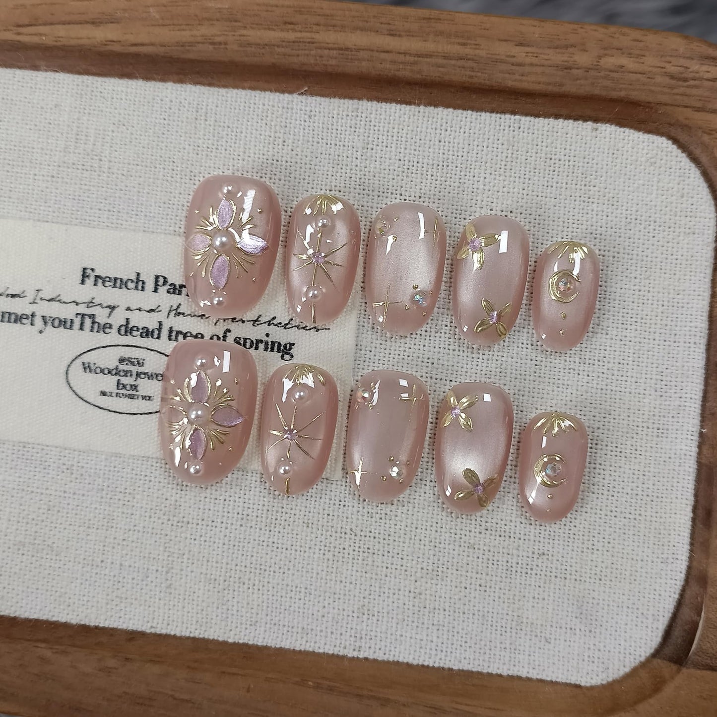 TENPAL Handmade Press on Nails Short Oval - Pink Cat Eye Glitter Sheer Nude Hand Painted Floral False Nails for Women - Glossy Acrylic Stick on Nails with Designs(S)
