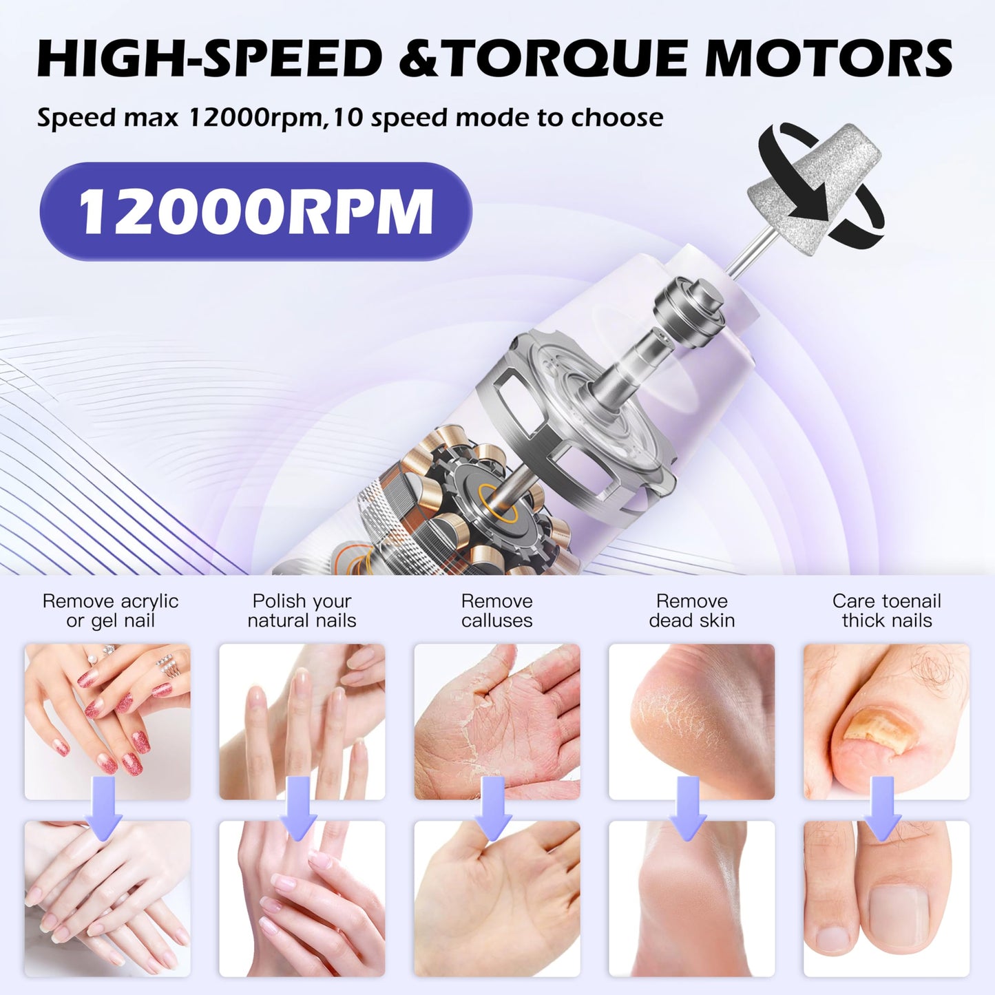 Floranurture Professional Manicure Pedicure Kit Electric Nail Grinder,10 Speeds Cordless Nail Drill with LED Light, Nail File with LED Display,Wider Grinder for Toenail Hand Feet Care for Women Men