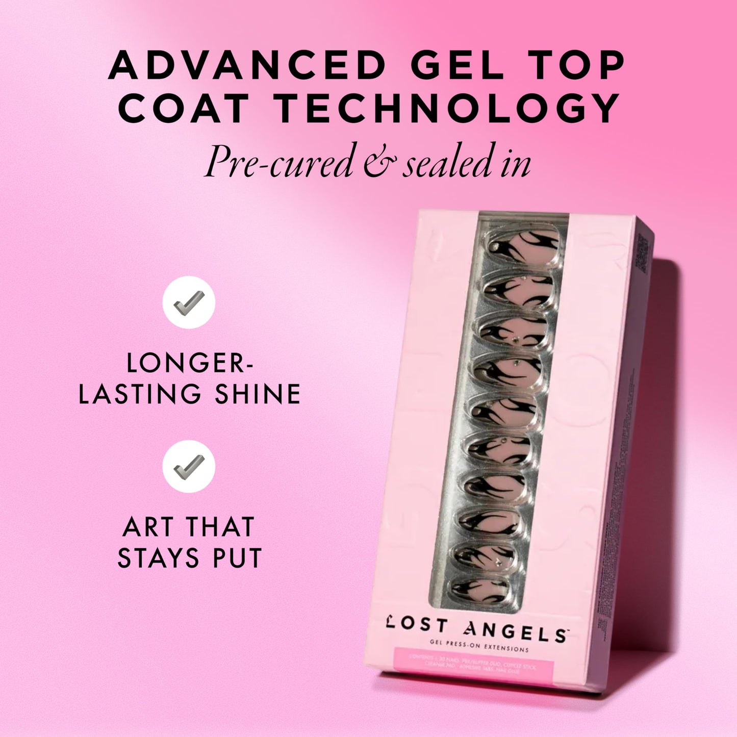 Lost Angels Gel Press On Nails - Chrome French Tip with Diamond Gems and Black Accents - Almond Medium Length - Easy Nail Kit with Adhesive Tab or Glue - 30 Fake Nail, 15 Sizes