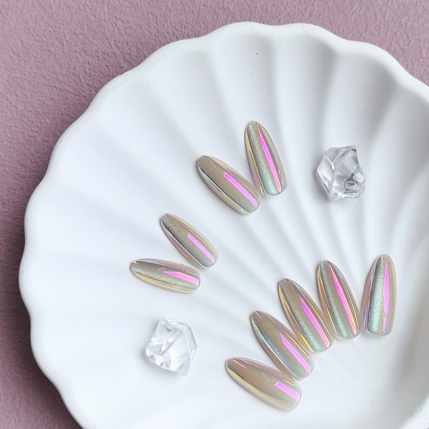 Chrome Press On Medium Almond - KQueenest Glitter White Press On Nails, Sparkle Gel Fake Nails Press on with Mirror Effect, Shinny Glitter Glue on Nails Stiletto, Reusable Stick On Nails for Women