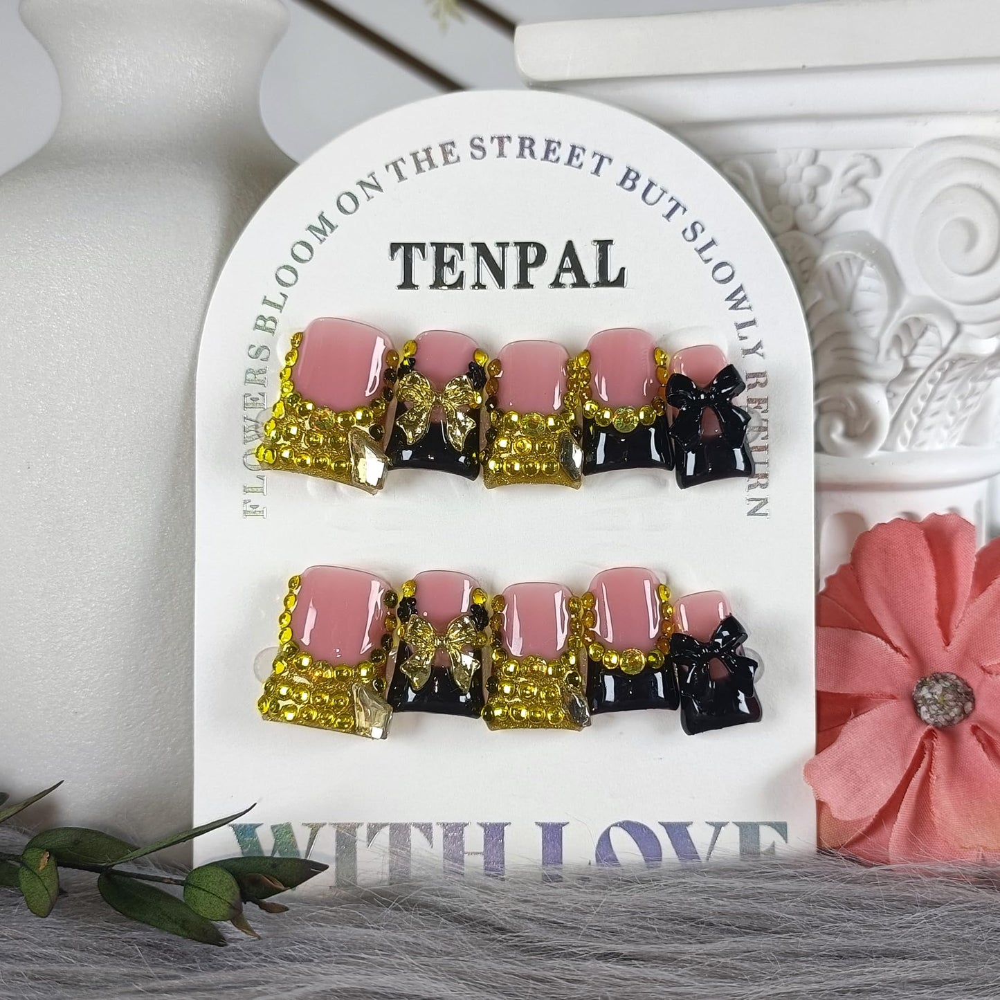 TENPAL 10Pcs Ballerina Coffin Duckbill Press On Nails With Tools Kits,Icy Black Gold French Tip Glue on Nails with Full Crystals Designs, Acrylic Glossy Bow Glitter Bridal Fake Nails for Party(L)