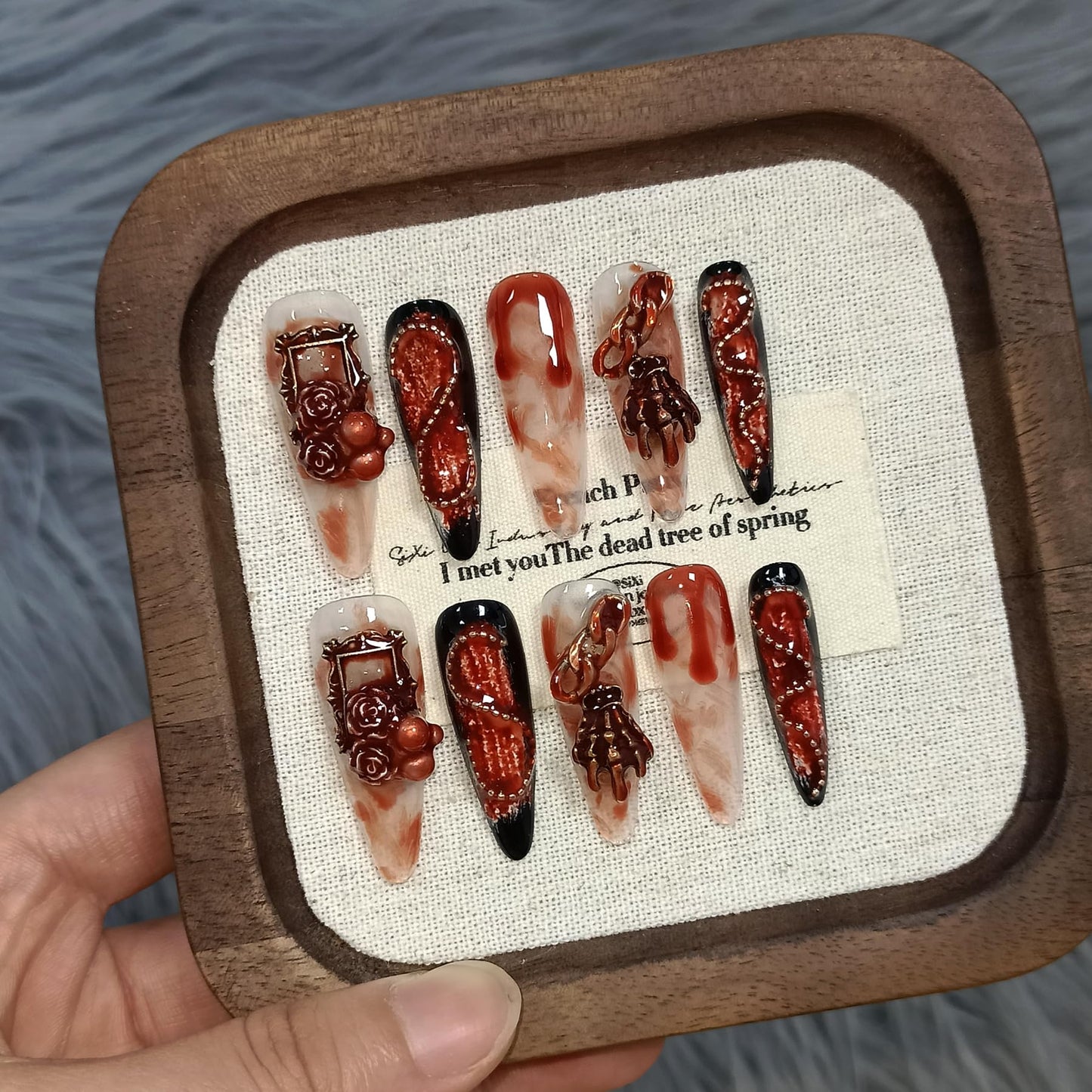 TENPAL 10Pcs Gothic Press On Nails With Tools,Blood Stain Black Red Long Stiletto Fake Nails, Distressed Roses Skull Hands 3D Art Designs Glue on Nails for Halloween Parties, Glossy Vampire Nails(M)
