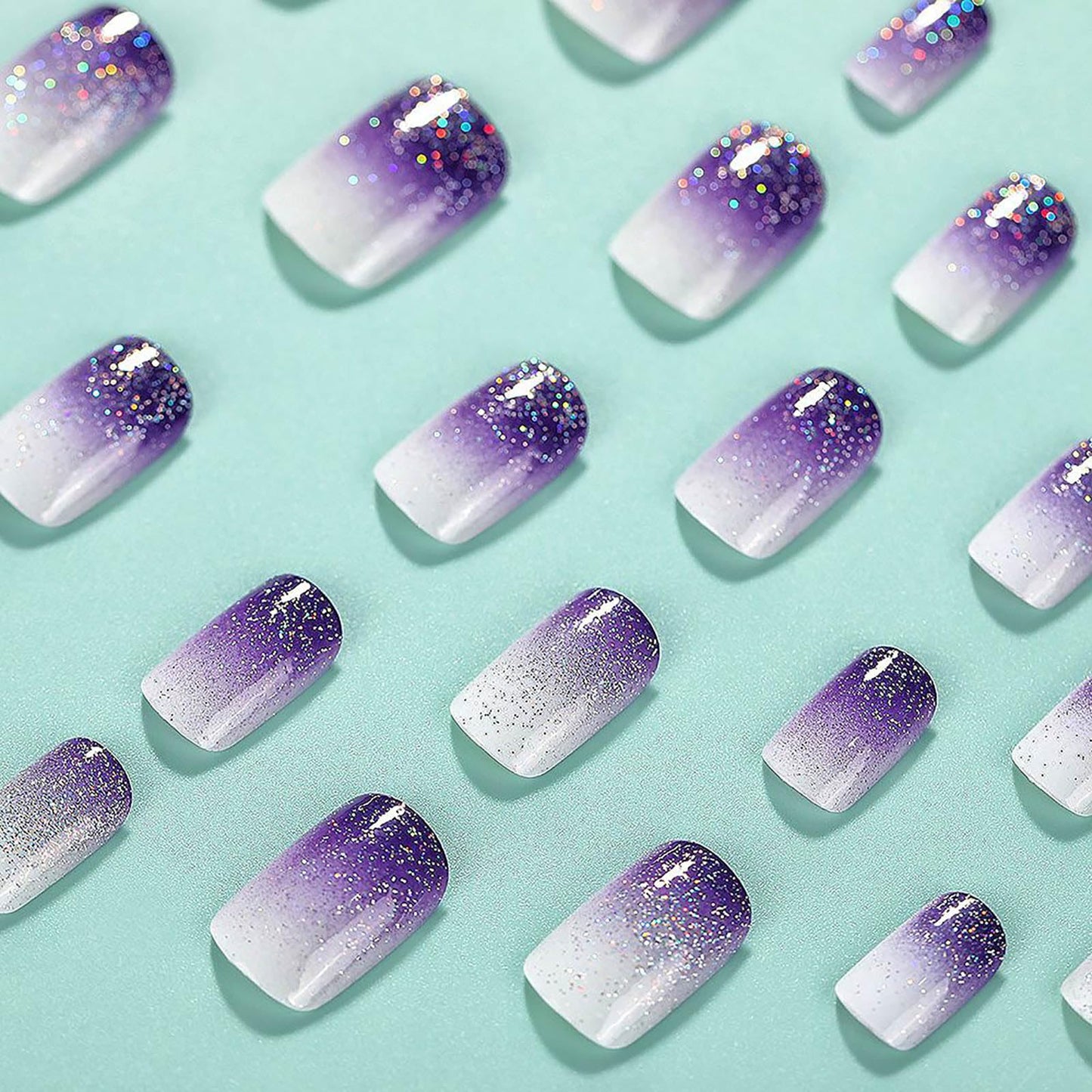 Square Press on Nails Short Fake Nails Purple French Tip False Nails Ombre Glue on Nail with Glitter Designs Nails Press ons Acrylic Glossy Stick on Nail for Women and Girls 24Pcs