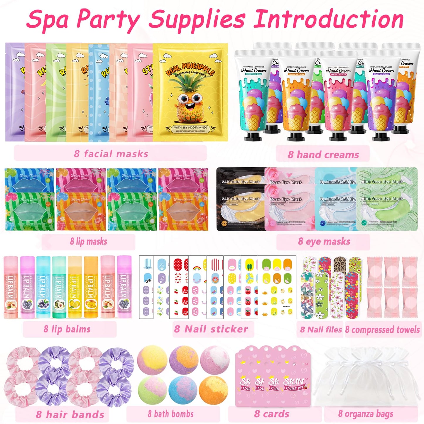 96 PCS Spa Party Supplies for Women,Spa Favors Include Face Masks, Hand Cream, Lip Balm, Under Eye Patches, Lip Mask,Foot Bomb,Nail Stickers,Sleepover Party Supplies Birthday Kit for Girls Gift Set