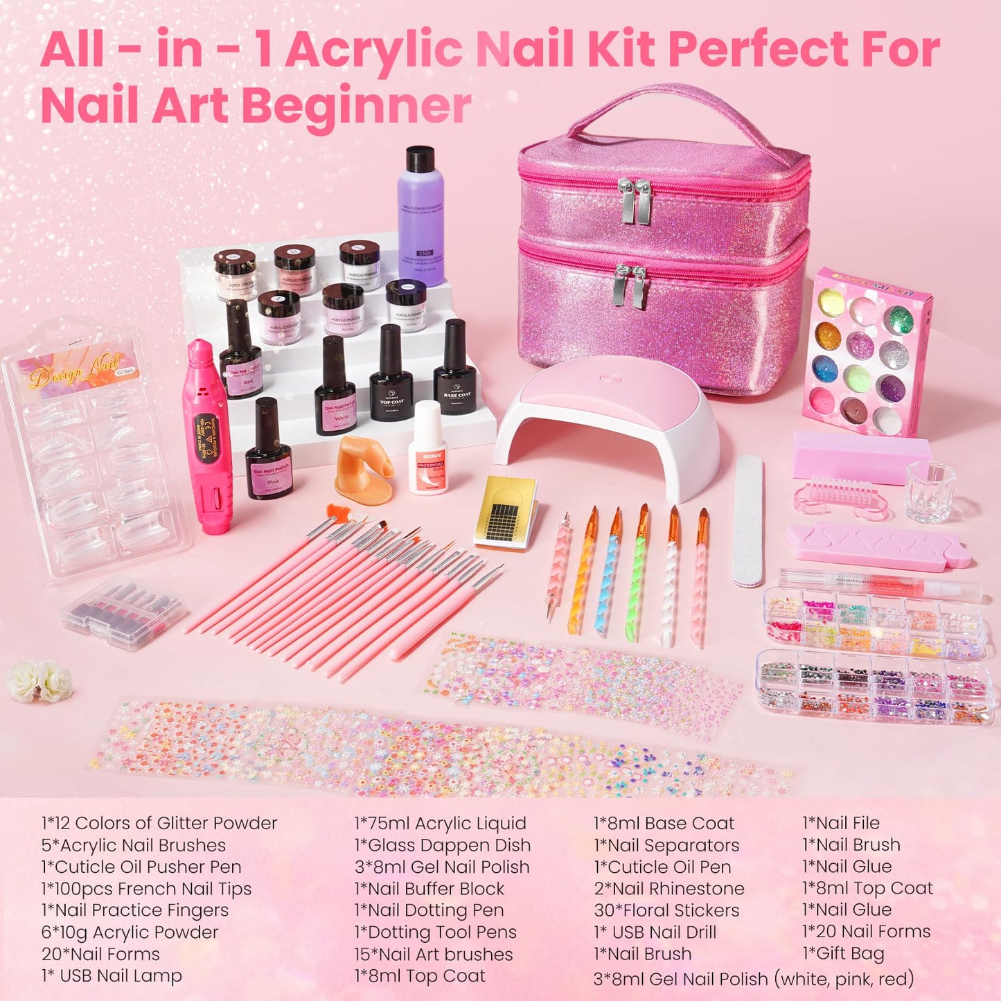 Nail Kit for Beginners with Everything: Professional Acrylic Powder Liquid Set with Drill U V Light Practice Finger in Cosmetic Bag for Women Salon Home (Double-Layer Pink)