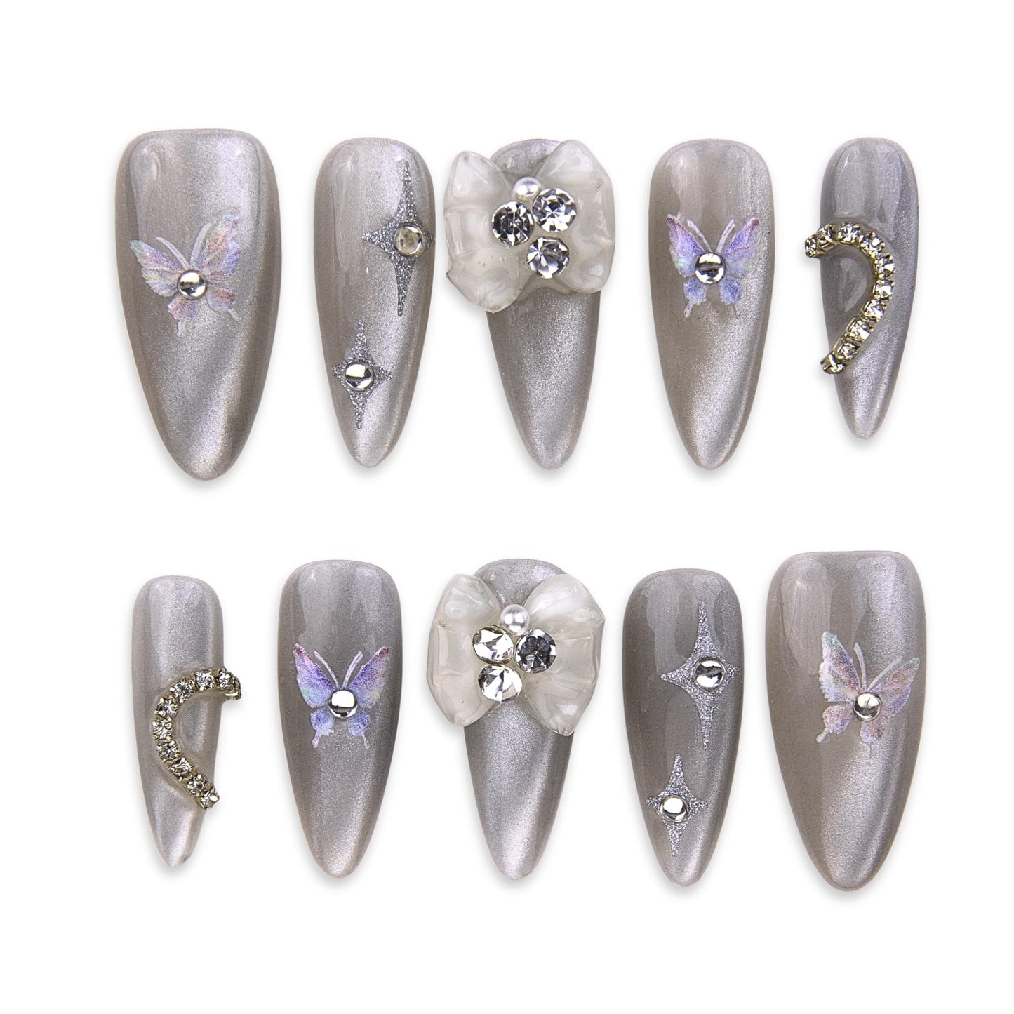 SIYOU Beauty | Shine Petals | Silver and White Rhinestone Floral Long Almond Press On Nails for Women (Medium) - Reusable, Salon-Quality Fake Nails (10pc)