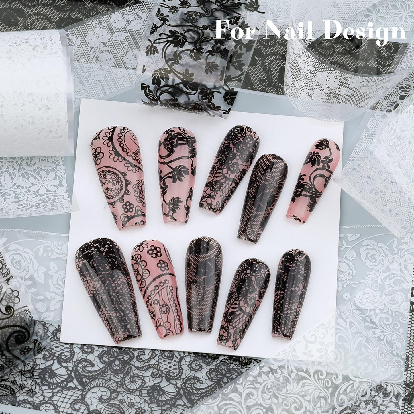 Lace Nail Foil Transfer Sheets, 10 Rolls Black White Flower Nail Art Transfer Foils Decals, Holographic Nail Foils Transfer DIY Nail Stickers for Acrylic Nails, Gel Nails and Manicure Decorations