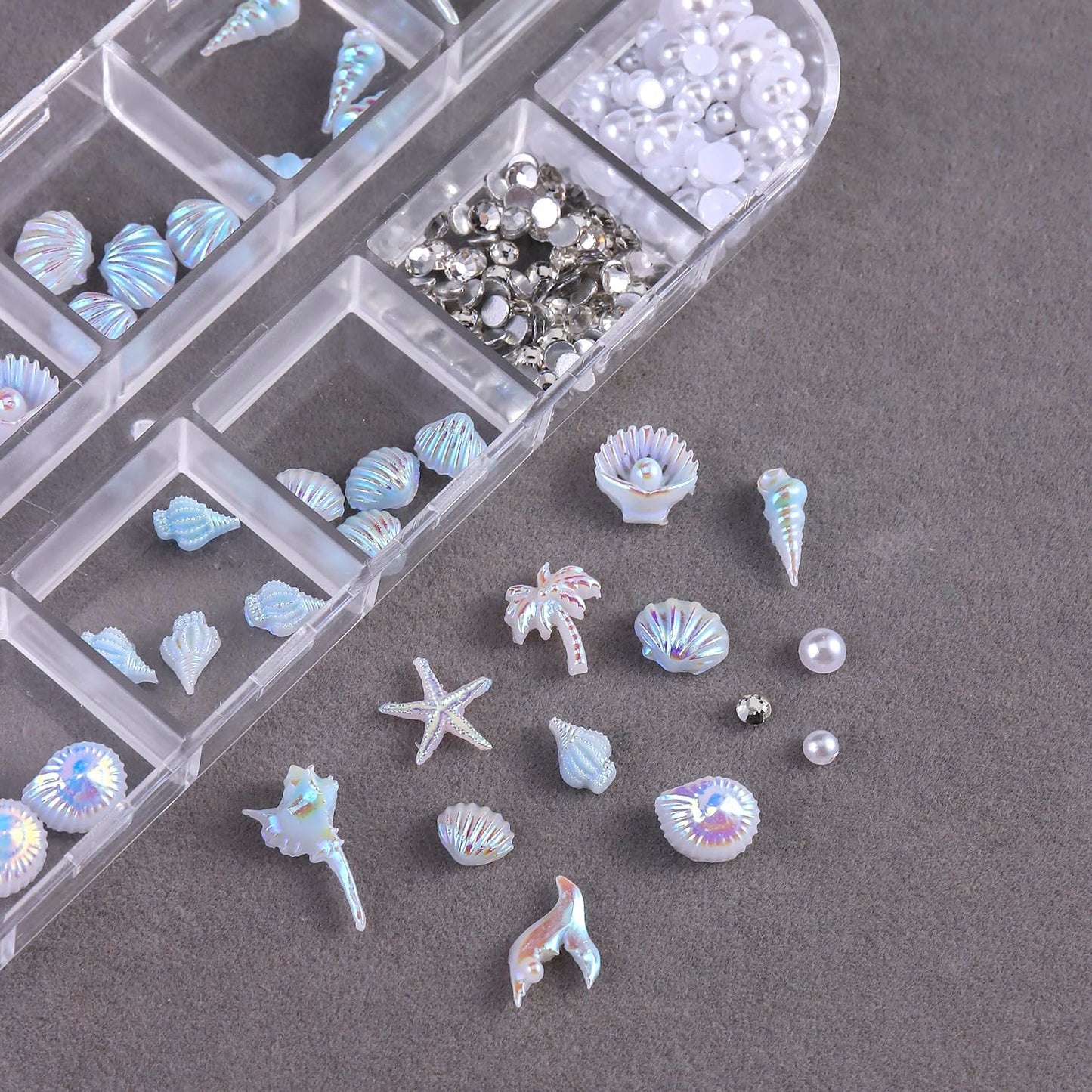 3D Summer Beach Resin Nail Charms, Aurora Shell Starfish Conch Fishtail Nail Decorations with Flatback Pearls and Rhinestones Gems for Nail Art DIY Crafts Manicure Jewel Accessories
