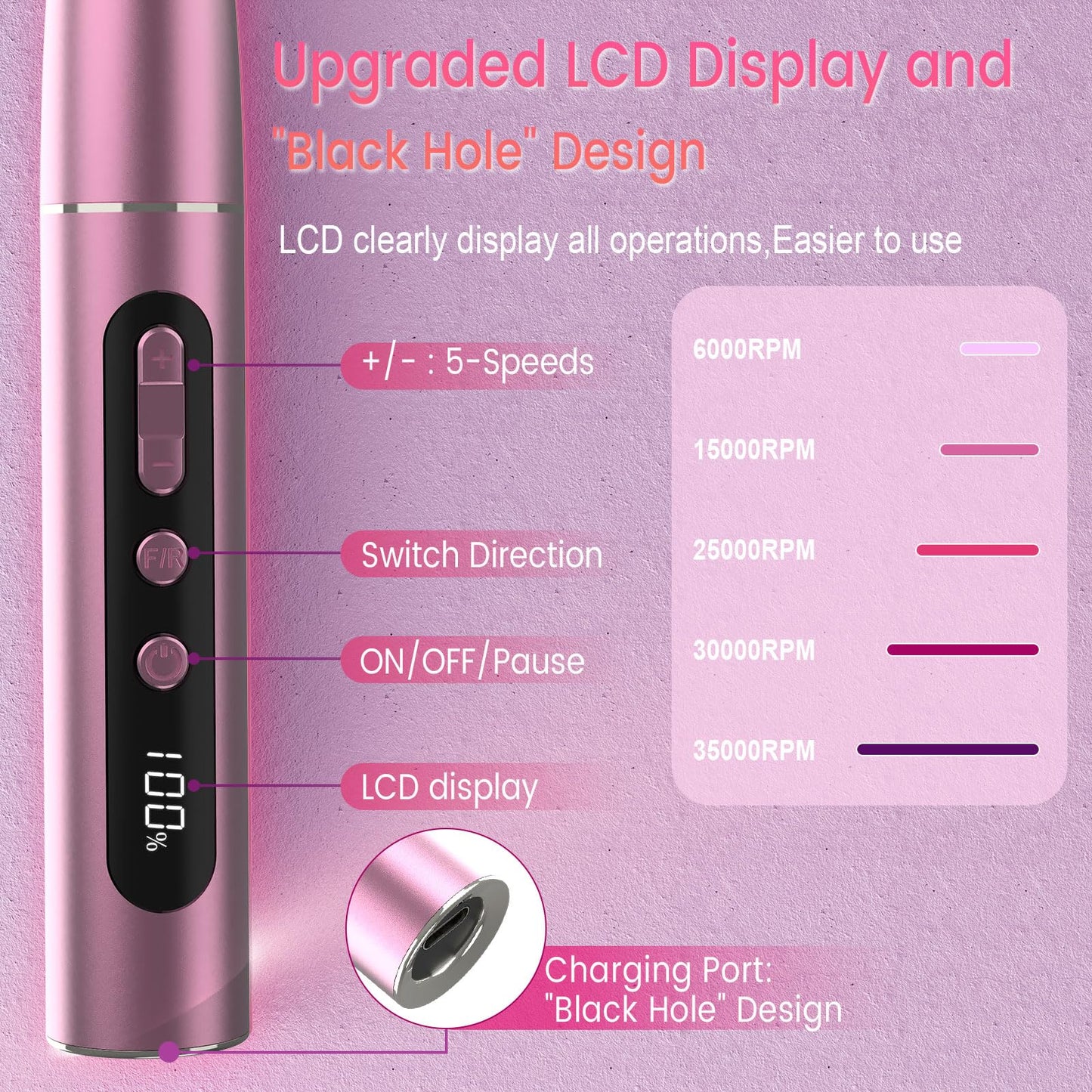SnnyNyx Electric Nail Drill Professional, 35000RPM Cordless Acrylic Nail Kit for Nail Polish Remover, Nail Filer Electric Manicure and Pedicure kit (Rose Pink)