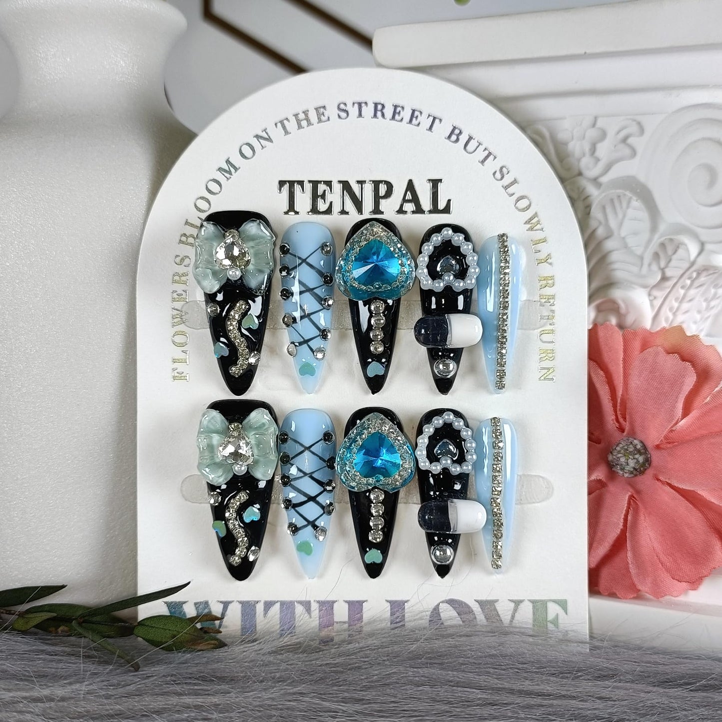 TENPAL 10Pcs Gothic Press On Nails Long Stiletto,Baroque Cameo & Floral Lace French Tip Glue on Nails with 3D Charms,Victorian Gothic Nails w/Tools,Glossy Dark Romantic Fake Nails for Party Event(S)