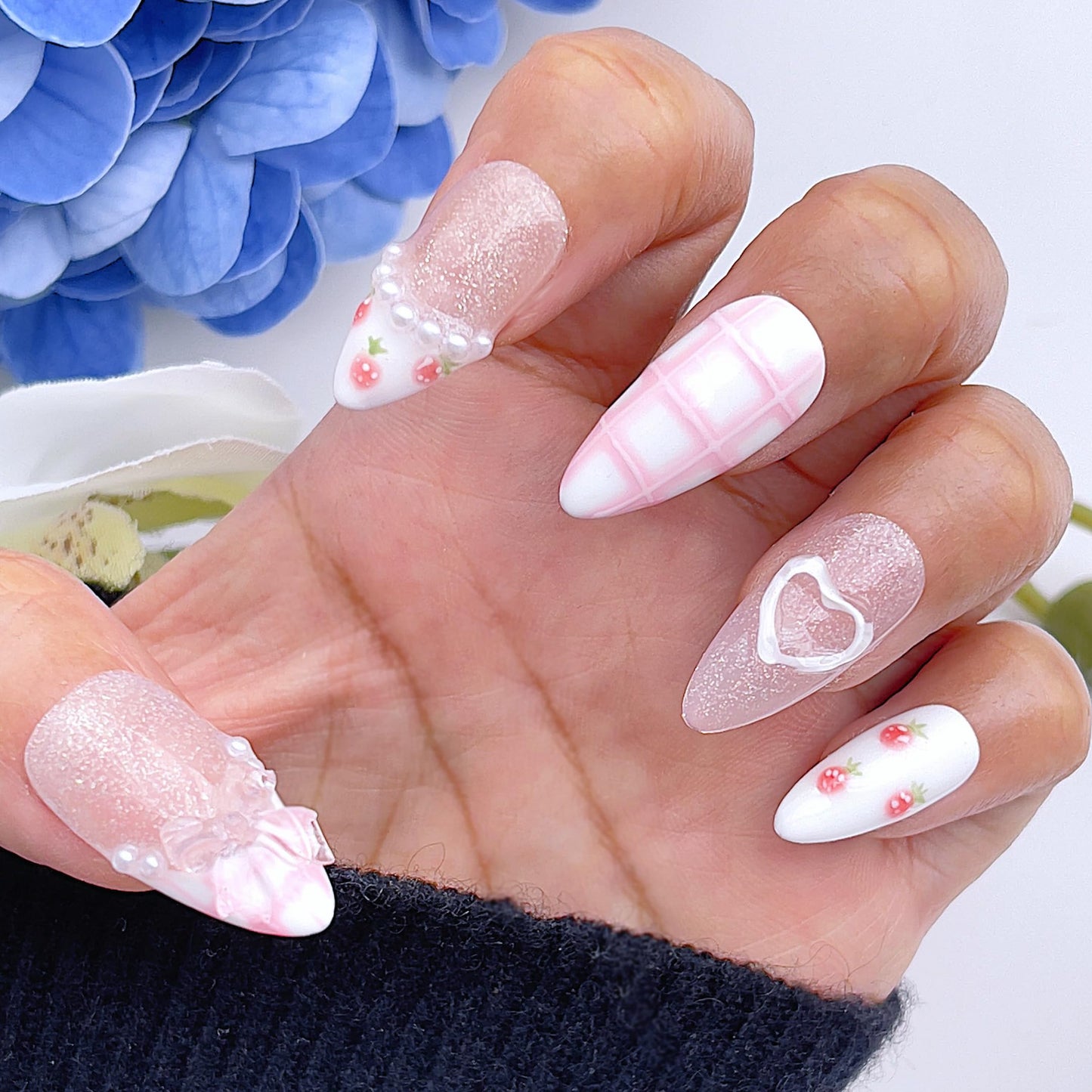 Handmade Press-On Nails Short Almond Nails Reusable Hand-Painted Nails Including Tool Kit 10 Piece (SHN037-S, S)