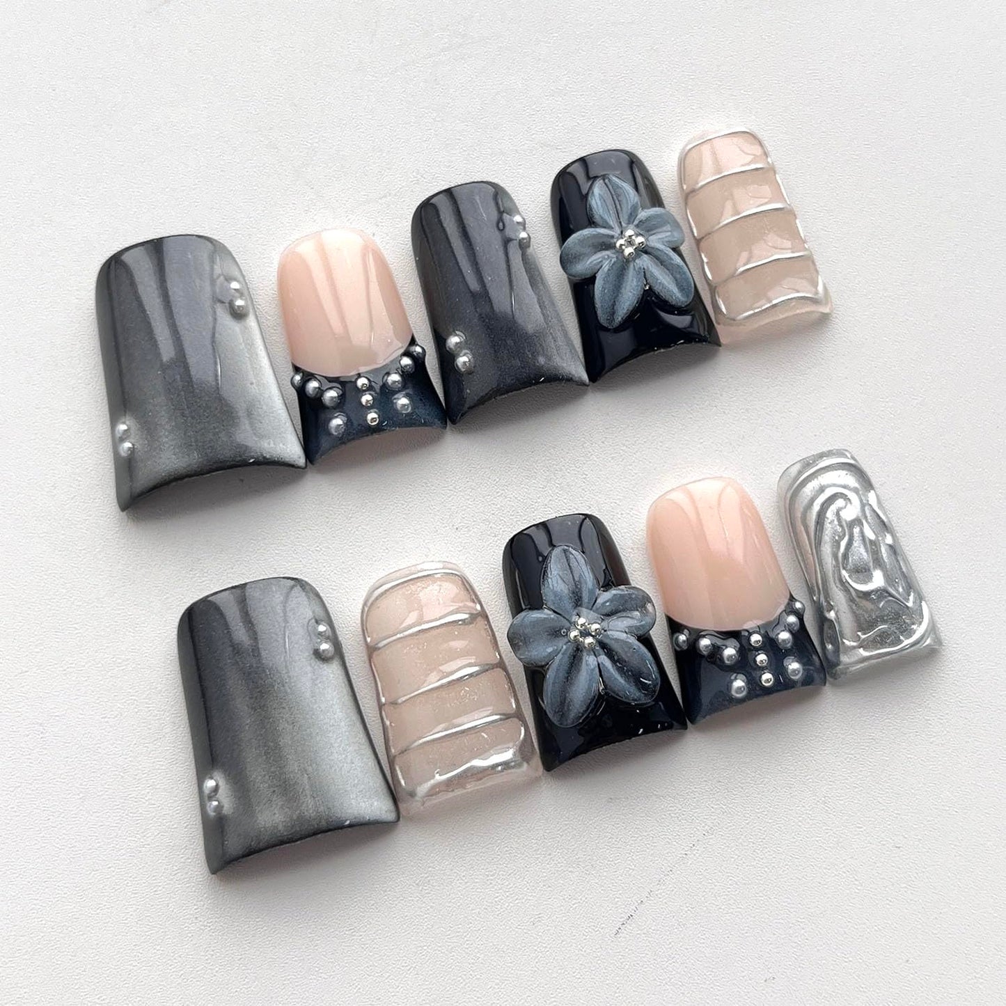 French Tip Press on Nails Handmade Short Duck 3D Flower Thick Acrylic Nails Black Sparkly False Nails with Pearls Silver Chrome Powder Designs Glossy Fake Nail Sturdy Art Press on Nail 10Pcs(M)
