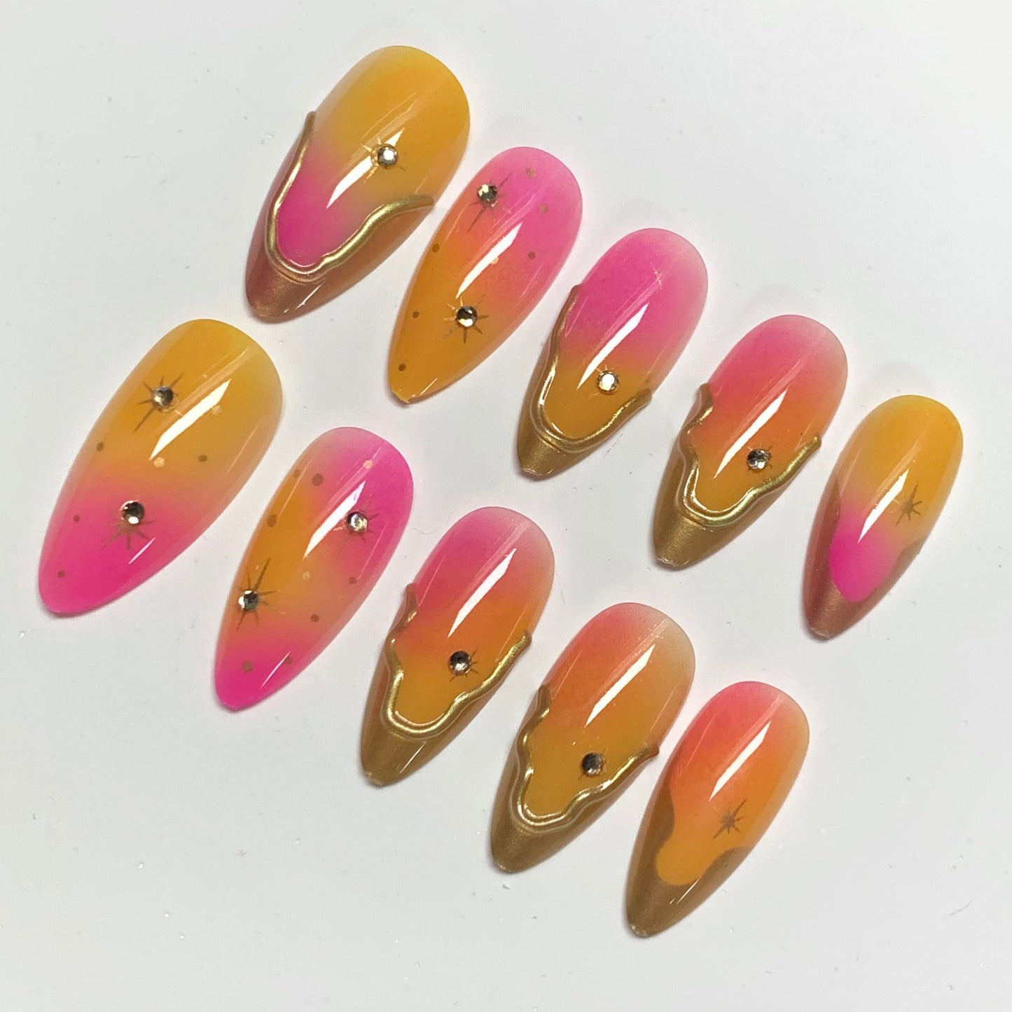 BABALAL Press On Nails, Medium Almond Fake Nails, Pink Orange Ombre With Gold Star Charm, Summer Bright Full Cover Glue On Nails For Women And Girls 24Pcs Reusable