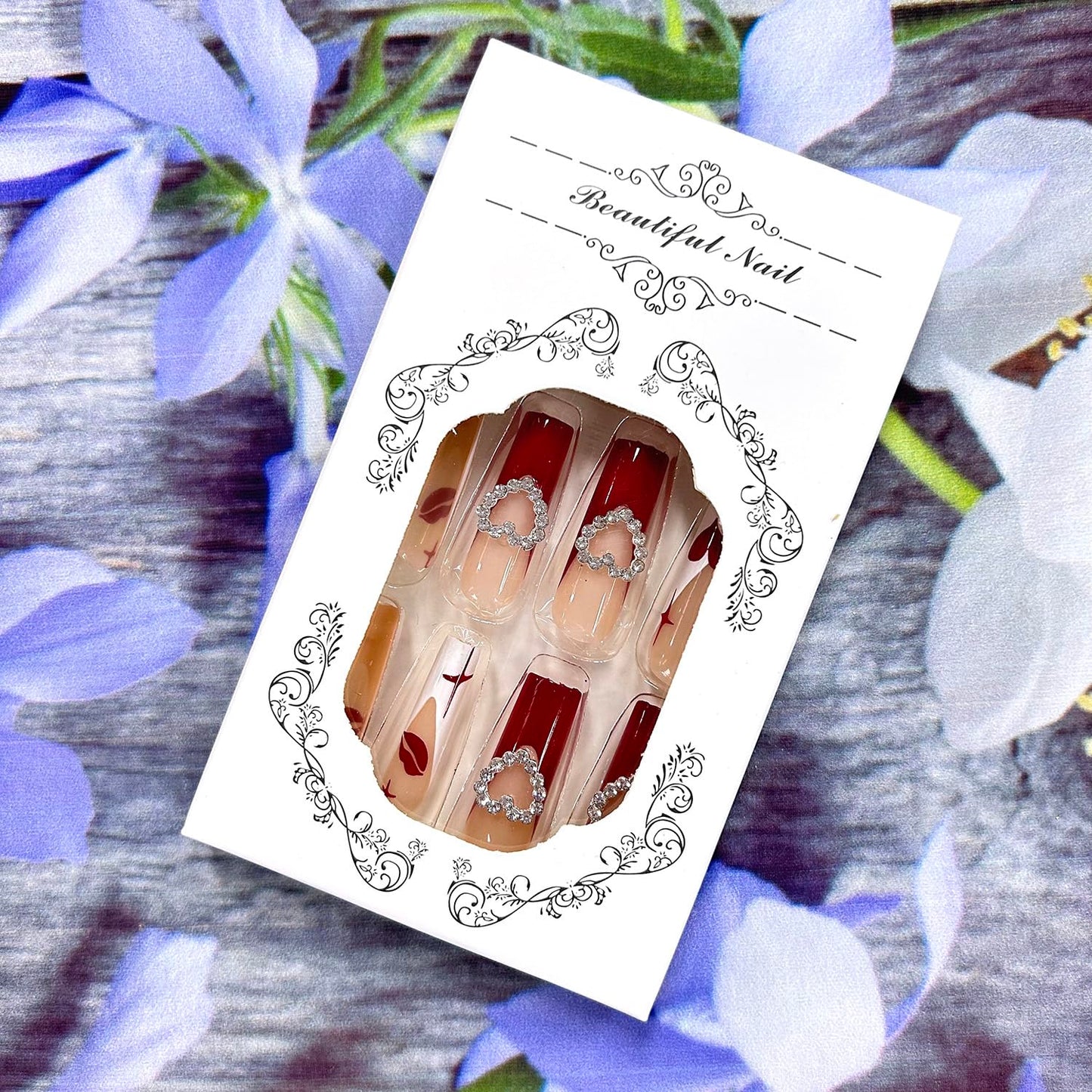 Heart Fake Nails Valentine's Red French Tip Press on Nails Long Red Love Heart Lip Design Acrylic Nails 3D Heart Coffin Nails Square Artificial Nails Full Cover Holiday Stick on Nails for Women
