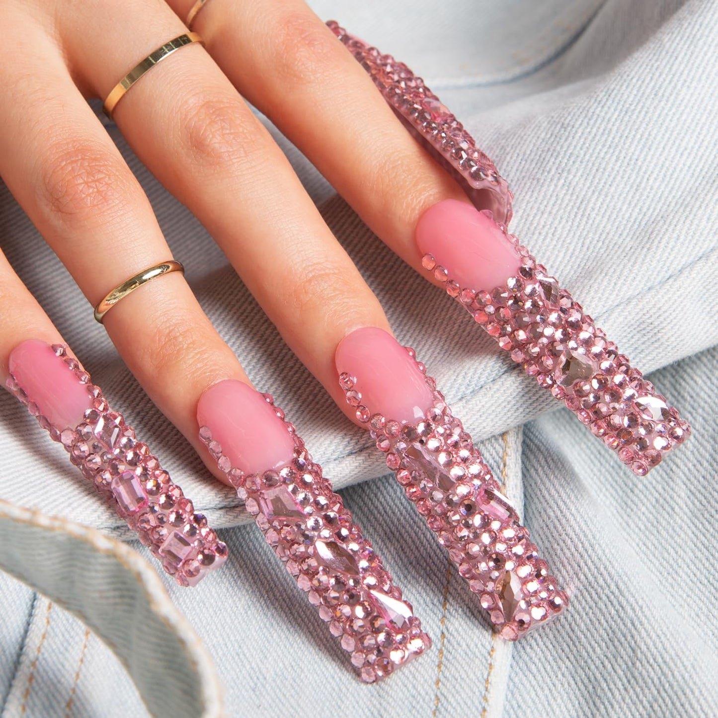 LOVFUL Press on Nails Pink French Tip Rhinestone | Handmade with Full Covered Crystals | Reusable Fake Nails | Square Long 2.2 in | H27-M