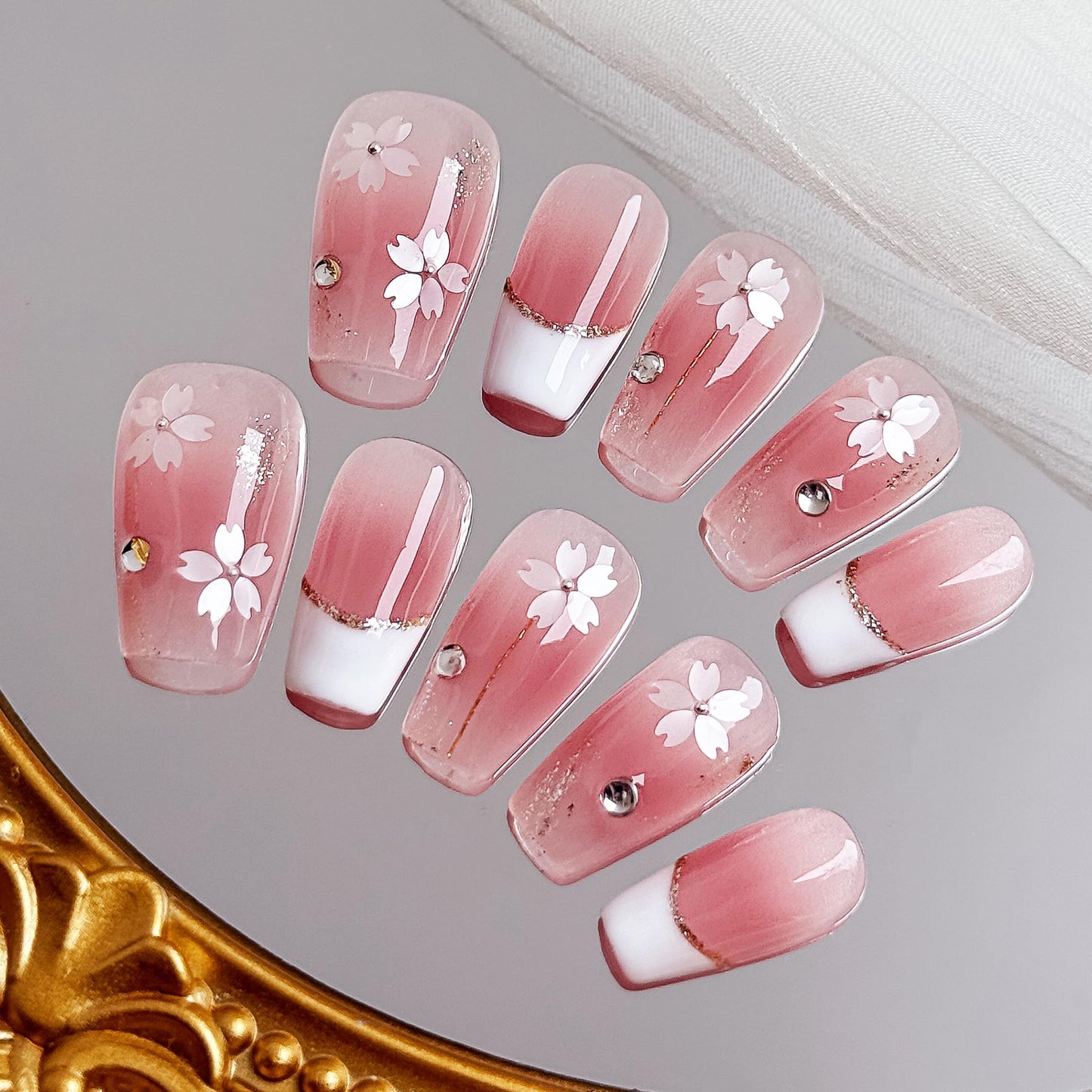 Veil Press On Nails 10pcs, Pink Cherry Blossom Gradient UV Gel/Acrylic False Nails, Elegant Floral French Tip Spring Blossom Nail Art for Women, Cute Pastel Flower Soft Glam Nail Set (Pink, XS)