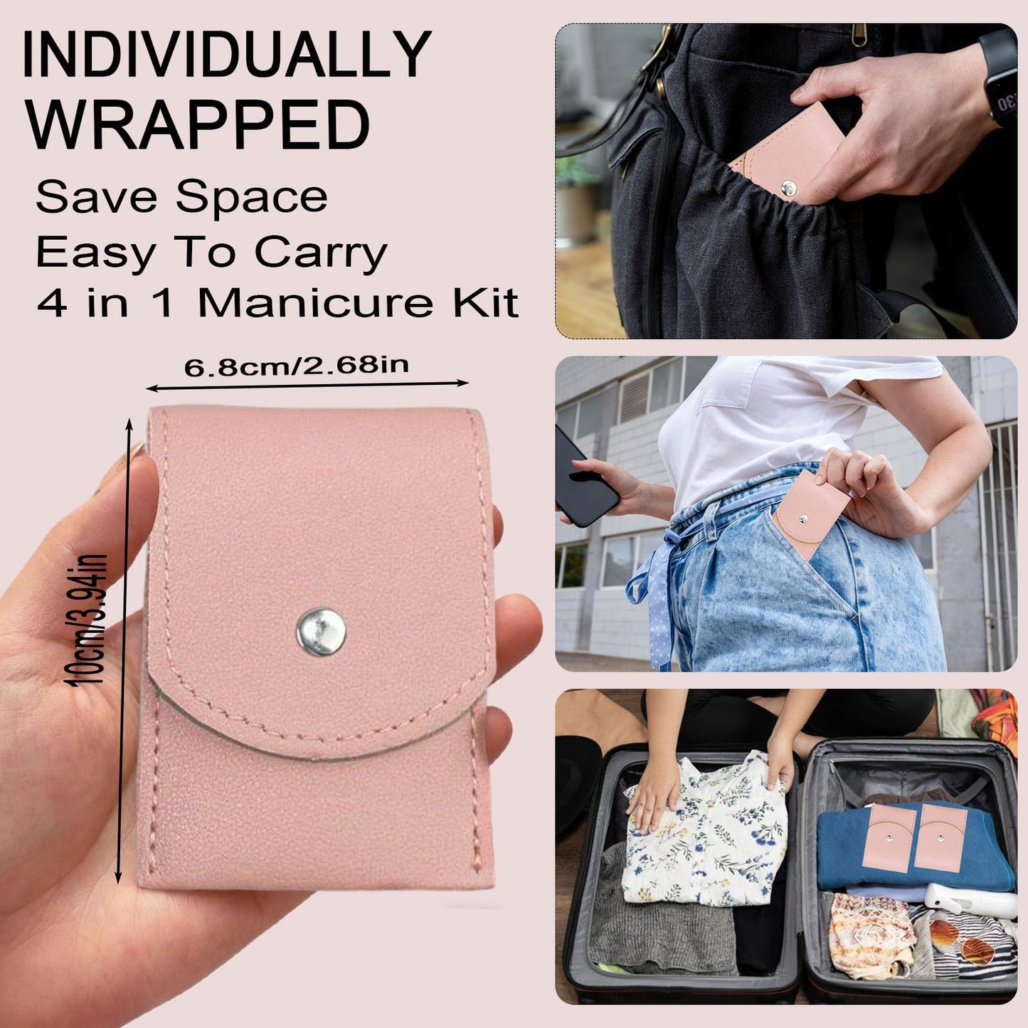 16 Sets Travel Manicure Set Professional Nail Clipper Kit Bulk,4 in 1 Adult Stainless Steel Travel Manicure Kit with Case Individually Wrapped Nail Clippers Bulk for Homeless,Hotel,Charity（Pink）