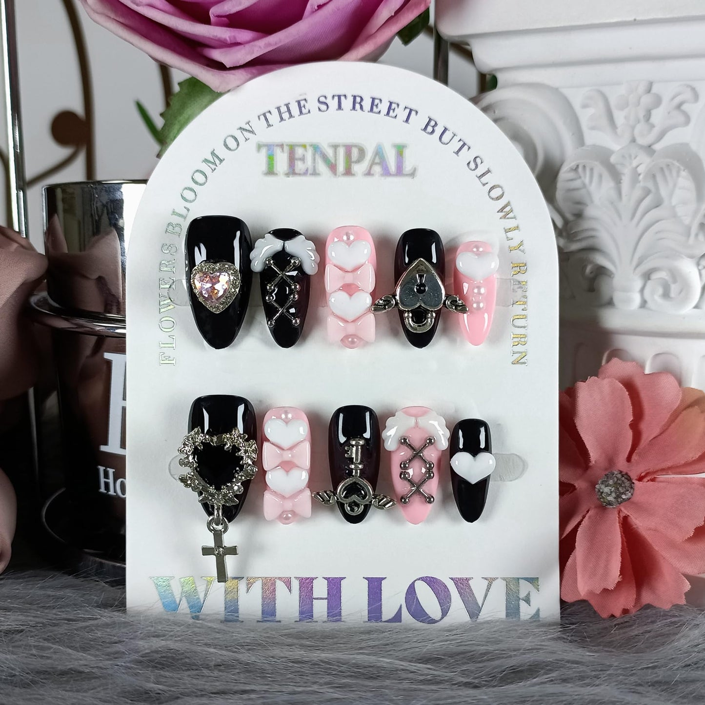 TENPAL 10Pcs Y2K Press On Nails With Tools,Ebony & Pink Almond Fake Nails with 3D Heart Bow & Cross Charms,Glossy Edgy Sweet Cute Nails for Women Girls,Handmade Acrylic Nails for Concert Party(S)