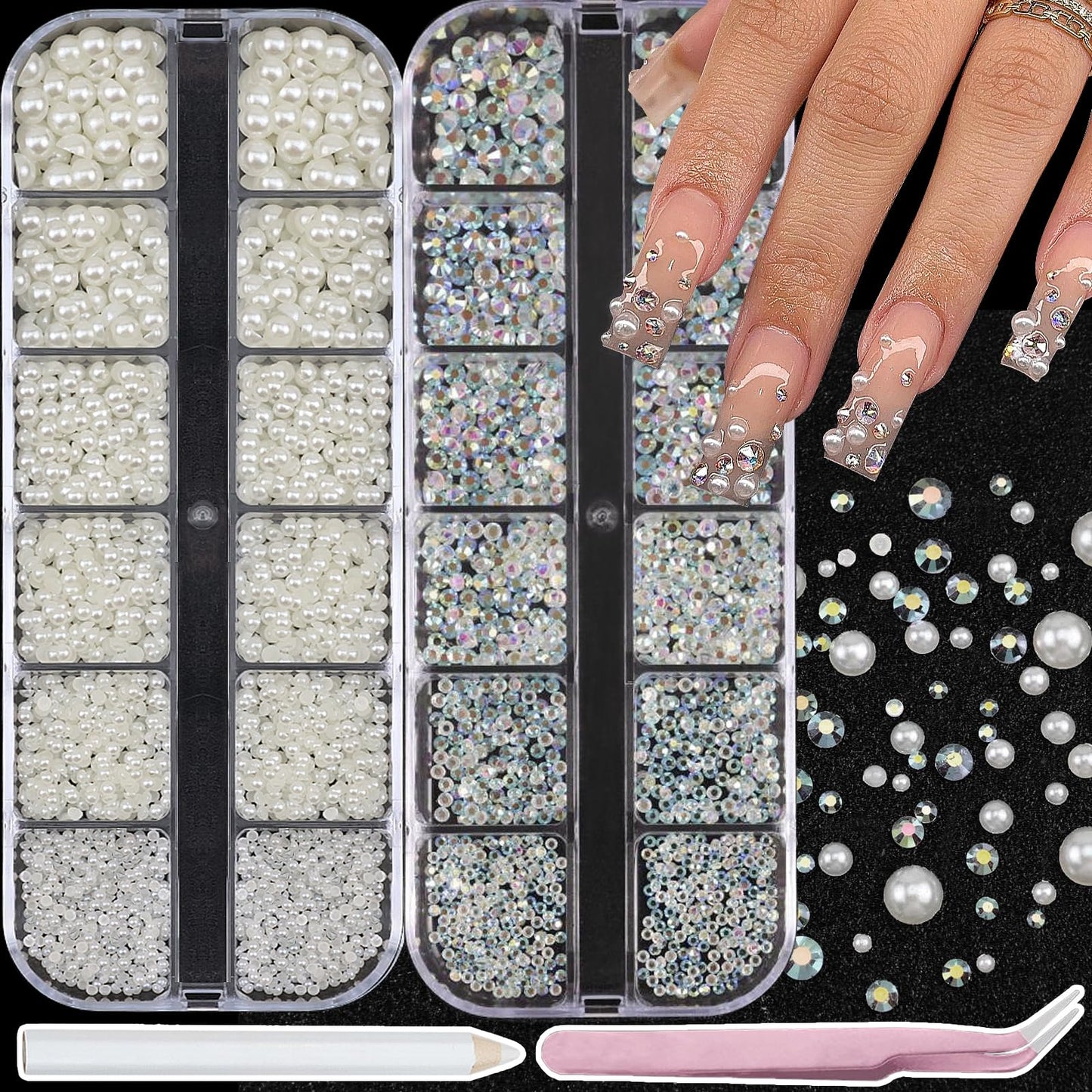 SEMATA Beige Nail Art Pearls Charms Flatback Nail Rhinestones Pearls Mixed Size Nails Gems Transparent AB Nails Rhinestones Art Accessories Decoration Design for Women