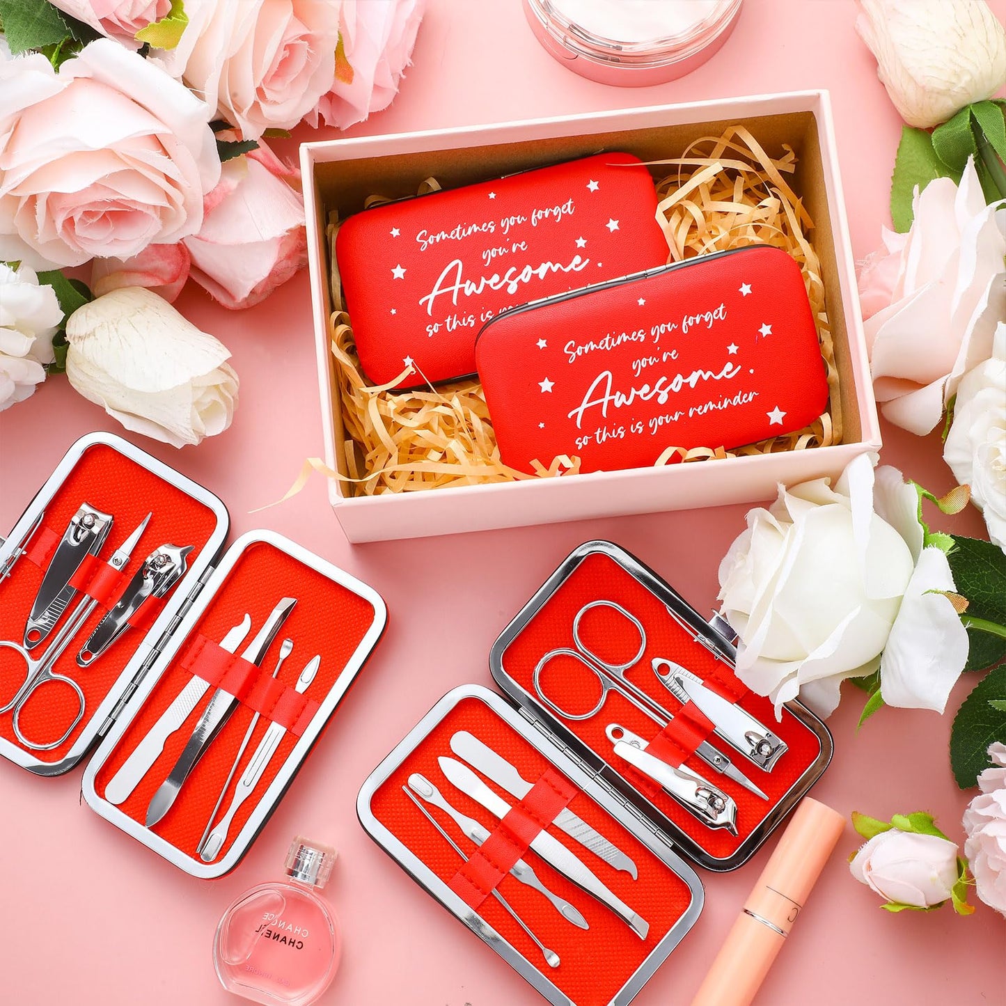 Lanties 24 Set Manicure Kit Bulk Steel Nail Clippers 7 in 1 Stainless Grooming Nail Kit Mother's Day Appreciation Gift Professional Pedicure Tool for Adults Women Men Employee Personal Care(Red)