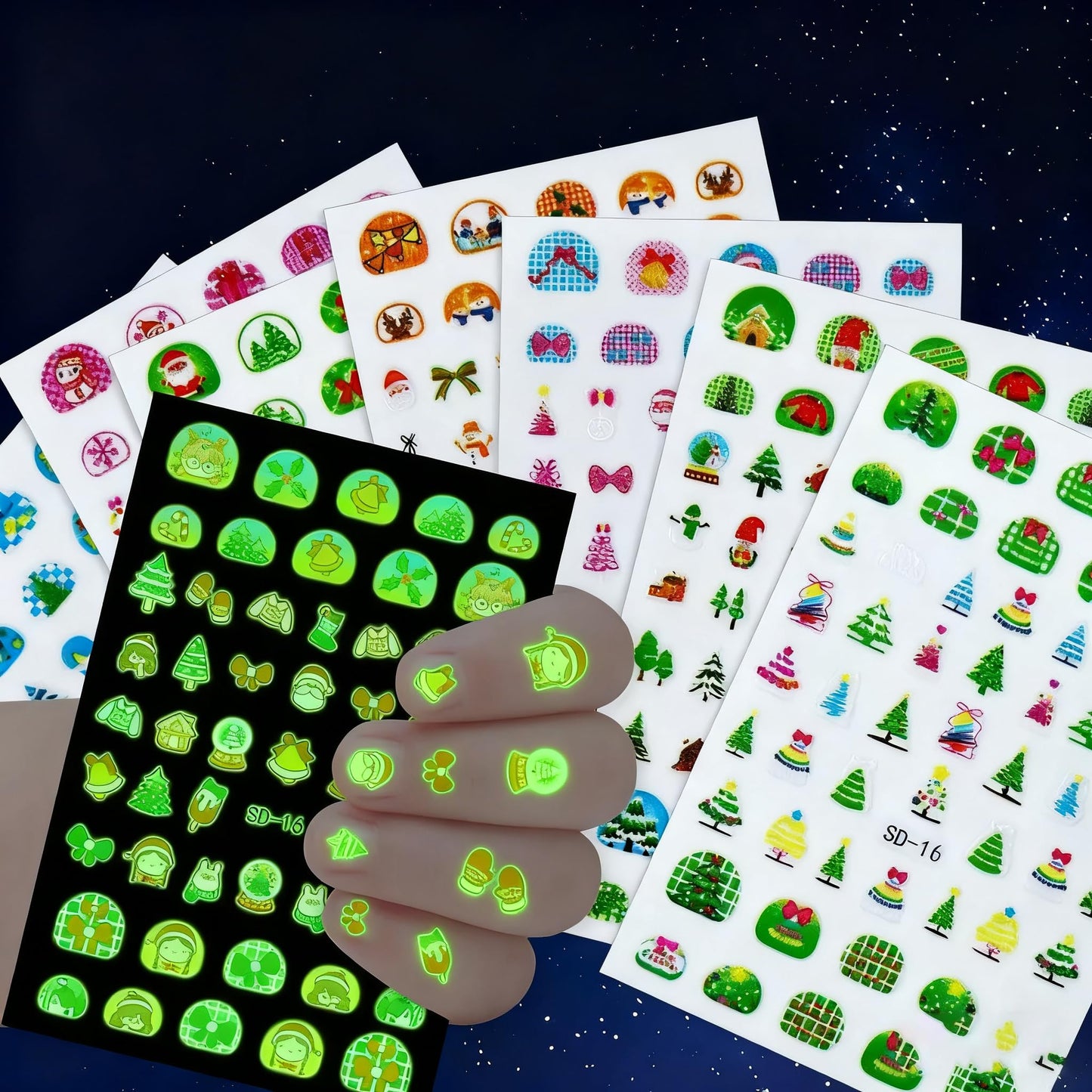 Christmas Nail Stickers Glow in The Dark Nail Art Stickers 3D Self Adhesive Cute Cartoon Christmas Tree Nail Art Supplies Snowman Snowflake Bow Nail Design Winter Xmas Nail Decals for Women 16 Sheets