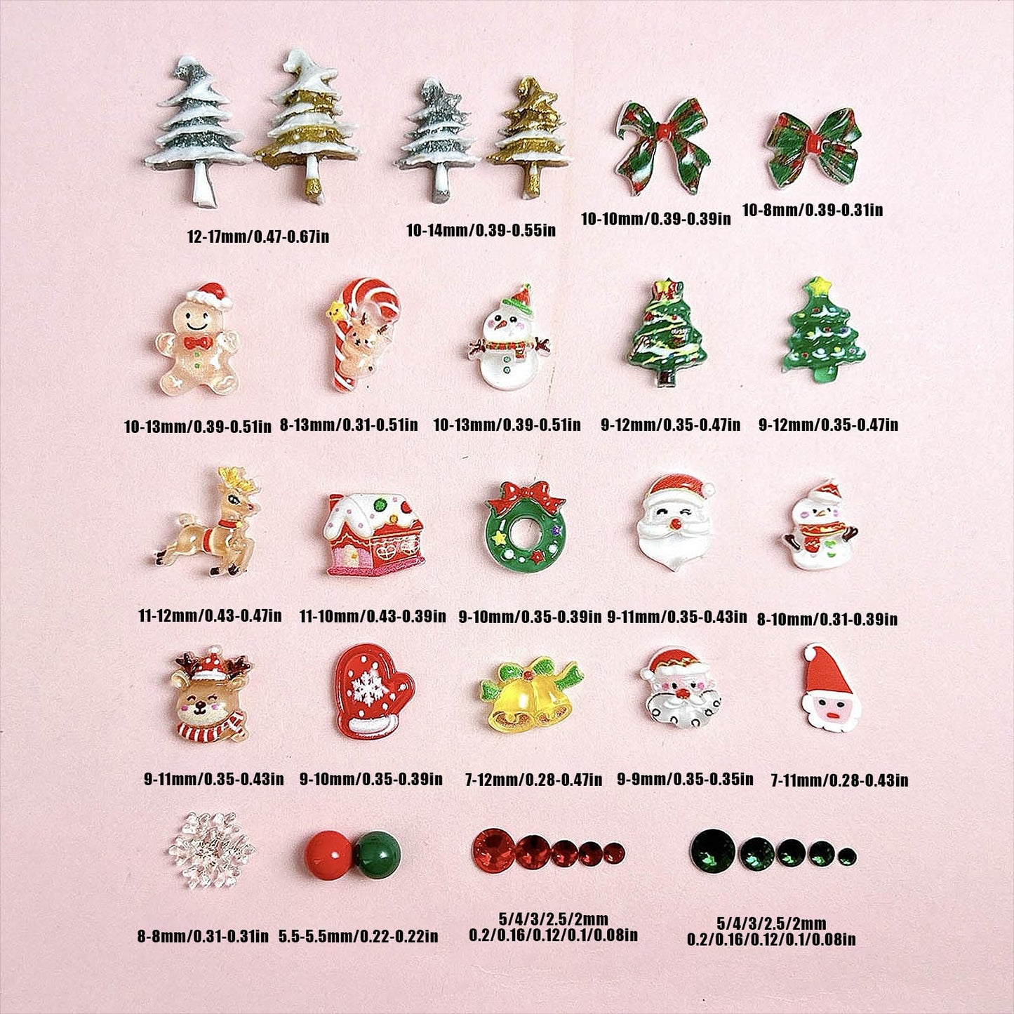 Christmas Nail Charms, 24 Girds Red Green Pearls Rhinestones Nail Art Charms, Santa Xmas Tree Nail Diamonds for Christmas Winter Holiday DIY Manicure Decor Craft Making