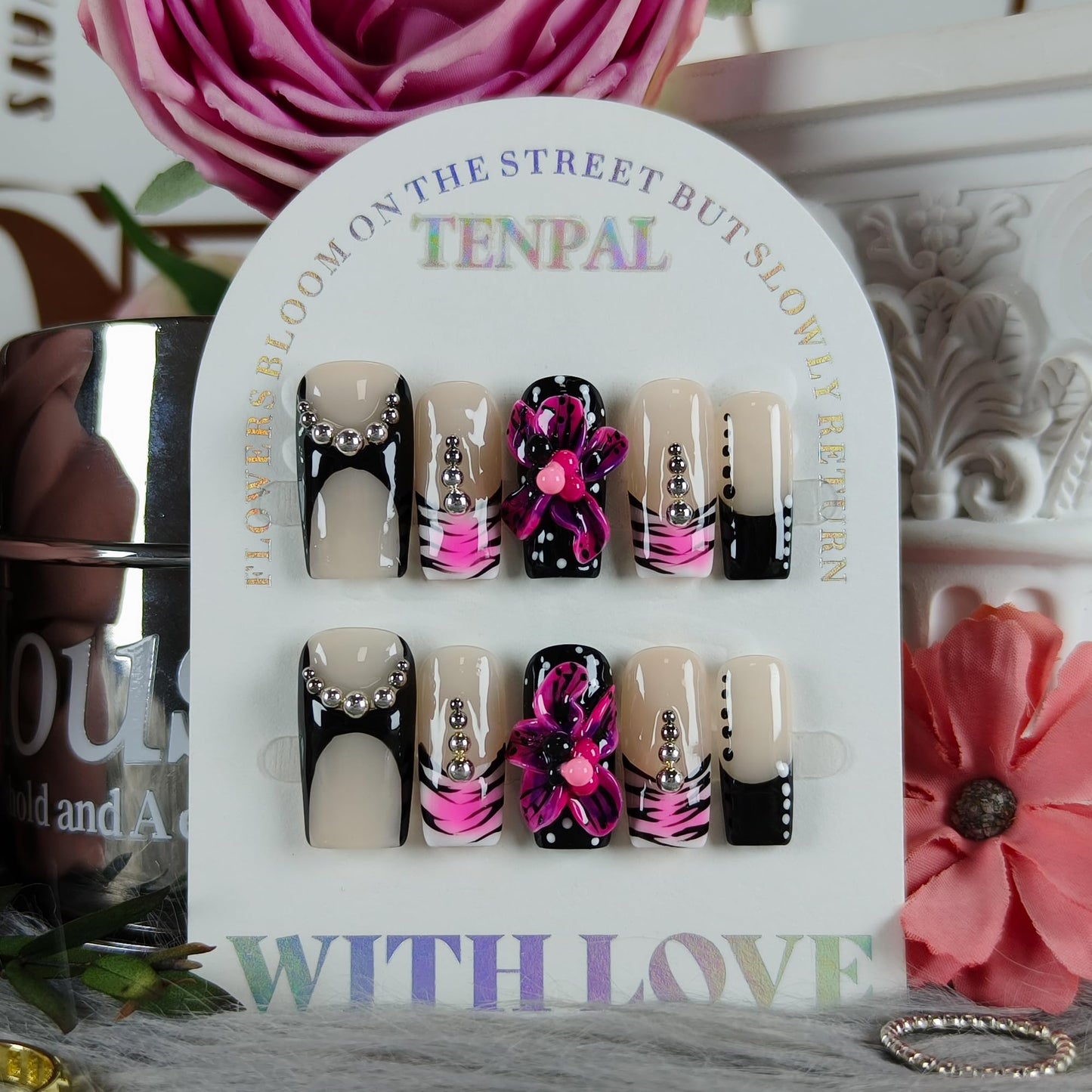 TENPAL Purple Leopard Print French Tip Handmade Press on Nails Medium Coffin 3D Steel Bead Hand Painted Sweet Sexy Reusable Salon Acrylic False Nails for Women Daily Wear 10PCS(L)