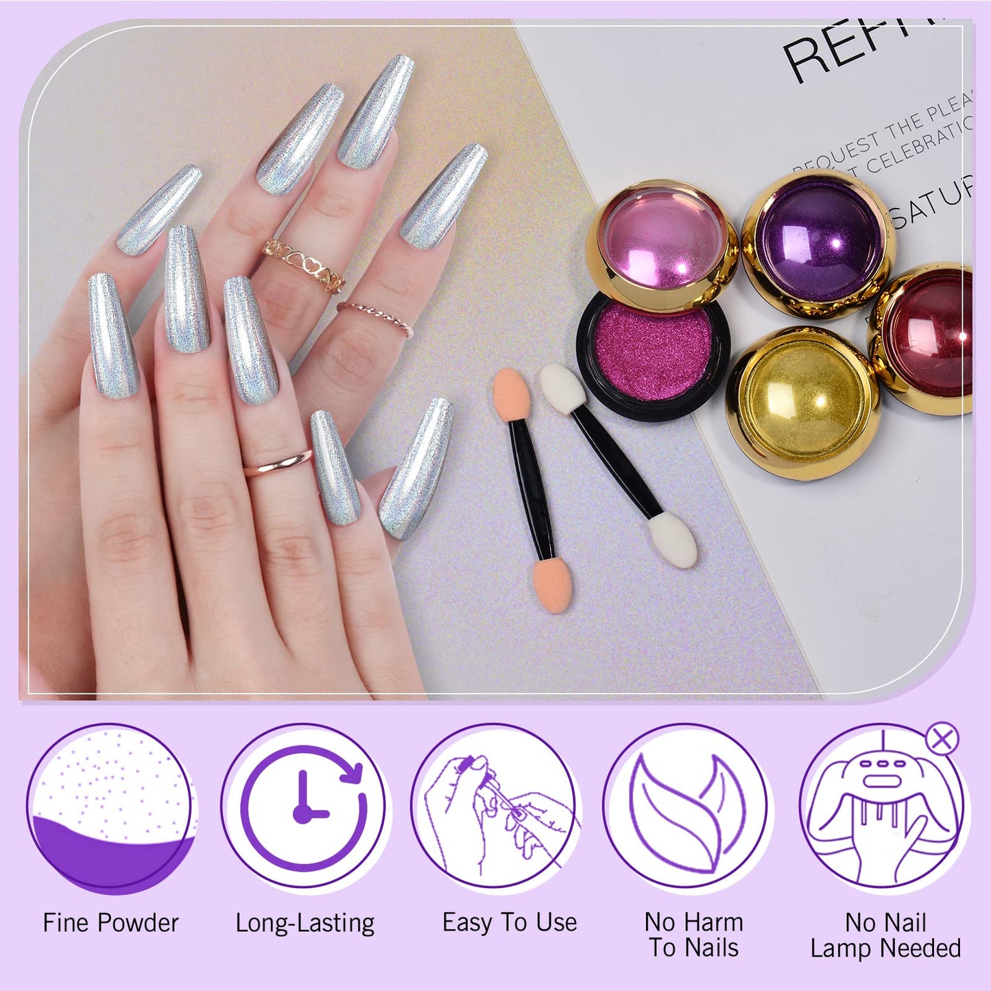 SAVILAND Chrome Nail Powder Set: 24 Colors Metallic Mirror Effect Holographic Iridescent Chrome Powder for Gel Nails, Nail Art Design Kit for Beginners DIY Manicure Home Salon Use
