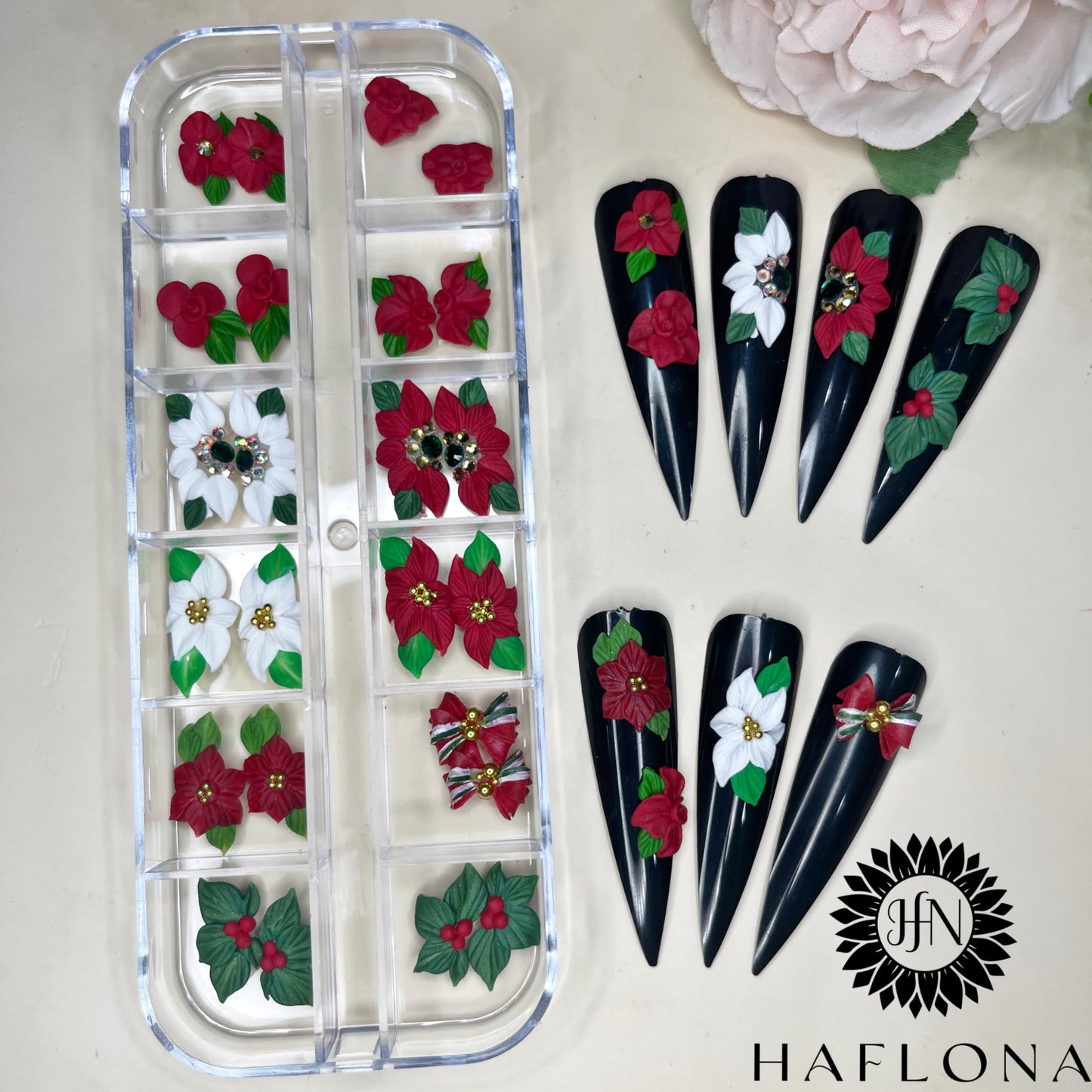 3D Christmas Acrylic Flower Nail Art Charms Handmade by Acrylic Powder - 24pcs Noel Flowers Nail Rhinestones Kit 3D Nails Design Acrylic for Women (Christmas Flowers 3-Small & Medium Size)