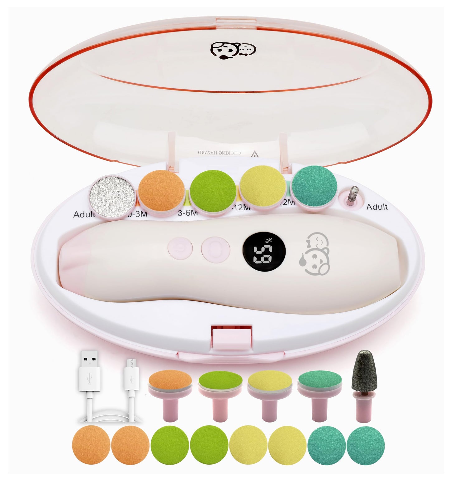 Royal Angels Rechargeable 22 in 1 Baby Nail Trimmer with LCD Display, Labeled Case, 13 Extra Pads, Safe Quiet LED Light Electric Baby Nail File Kit for Newborns Toddlers (WhitePink)