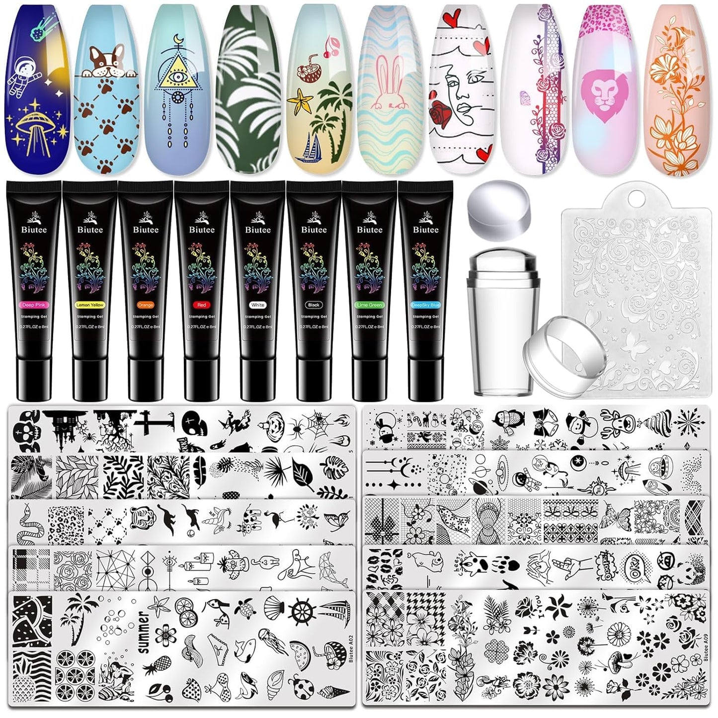 Biutee Gel Nail Stamping Kit with 8 Colors Nail Stamping Polish Gel Nail Stamping Plates 10PCS Nail Stamp Plates Nail Stamper Starry Sky Lace Flower Leaves Animal Nail Stamping Kit Nail Design