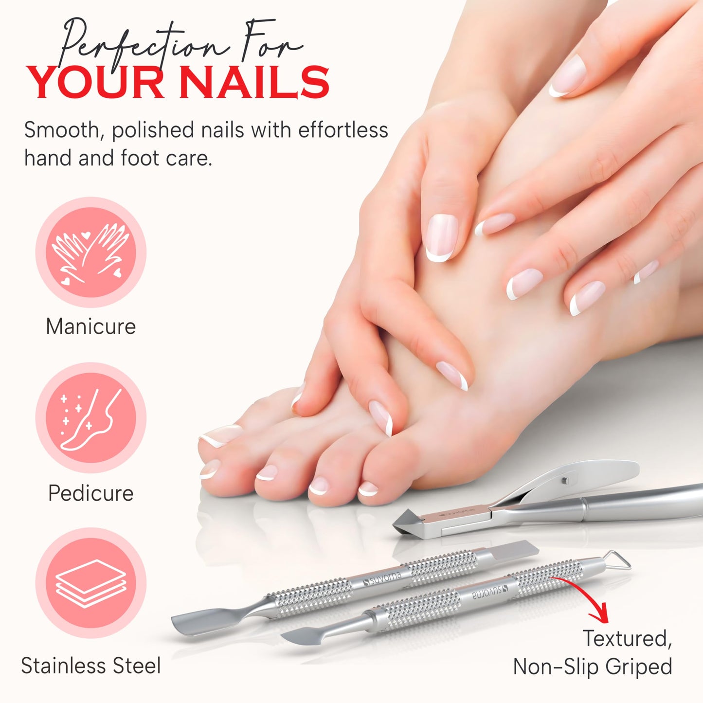 Suvorna Cuticle Nippers with Cuticle Pusher, Nail Scraper and Gel Remover – Professional Stainless Steel Cuticle Trimmer Set for Manicure - Cuticle Set for Fingernails and Dead Skin (Silver, 3 PCS)