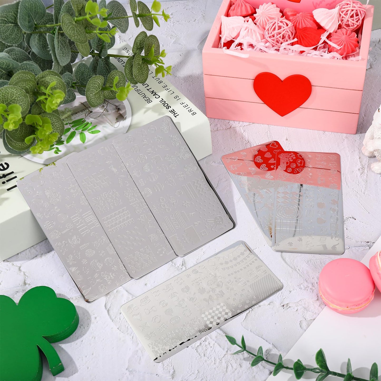 Whaline 6Pcs Valentine's Day St. Patrick's Day Easter Nail Plates Stamping Set Heart Shamrock Egg Stamp Templates Nail Art Plates for DIY Print Manicure Salon Design