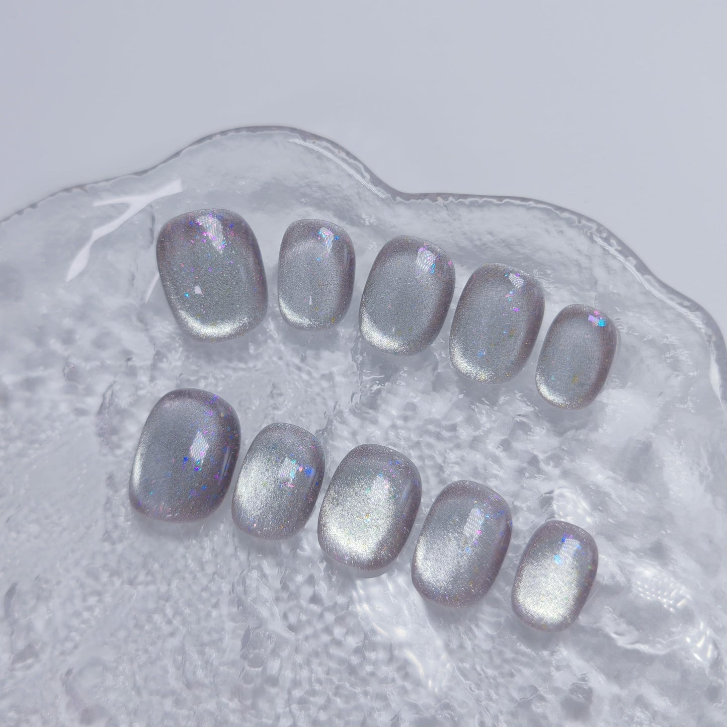 Cat Eye Press on Nails Handmade Short Oval/Square/Round False Nails with French Tip/Aurora/Magnetic Shimmer Designs (Glitter#Flowering Shrubs, Small)