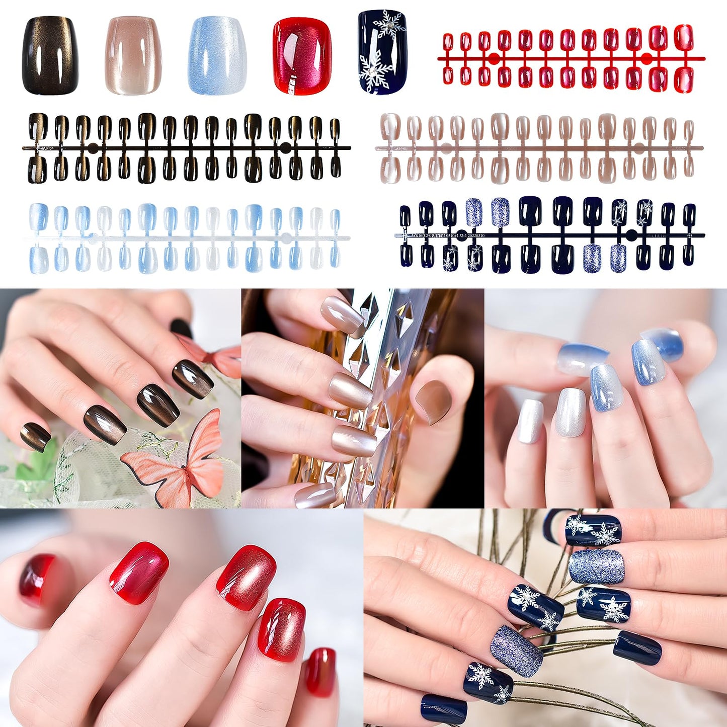 ELEVENAIL 5 Packs Shimmery Brown Blue Press on Nails Glossy Cat Eye Gel Nail Art Tips Medium Length Squoval Glitter False Nails Salon Manicure Kits Reusable Acrylic Nails Fake Fingernails