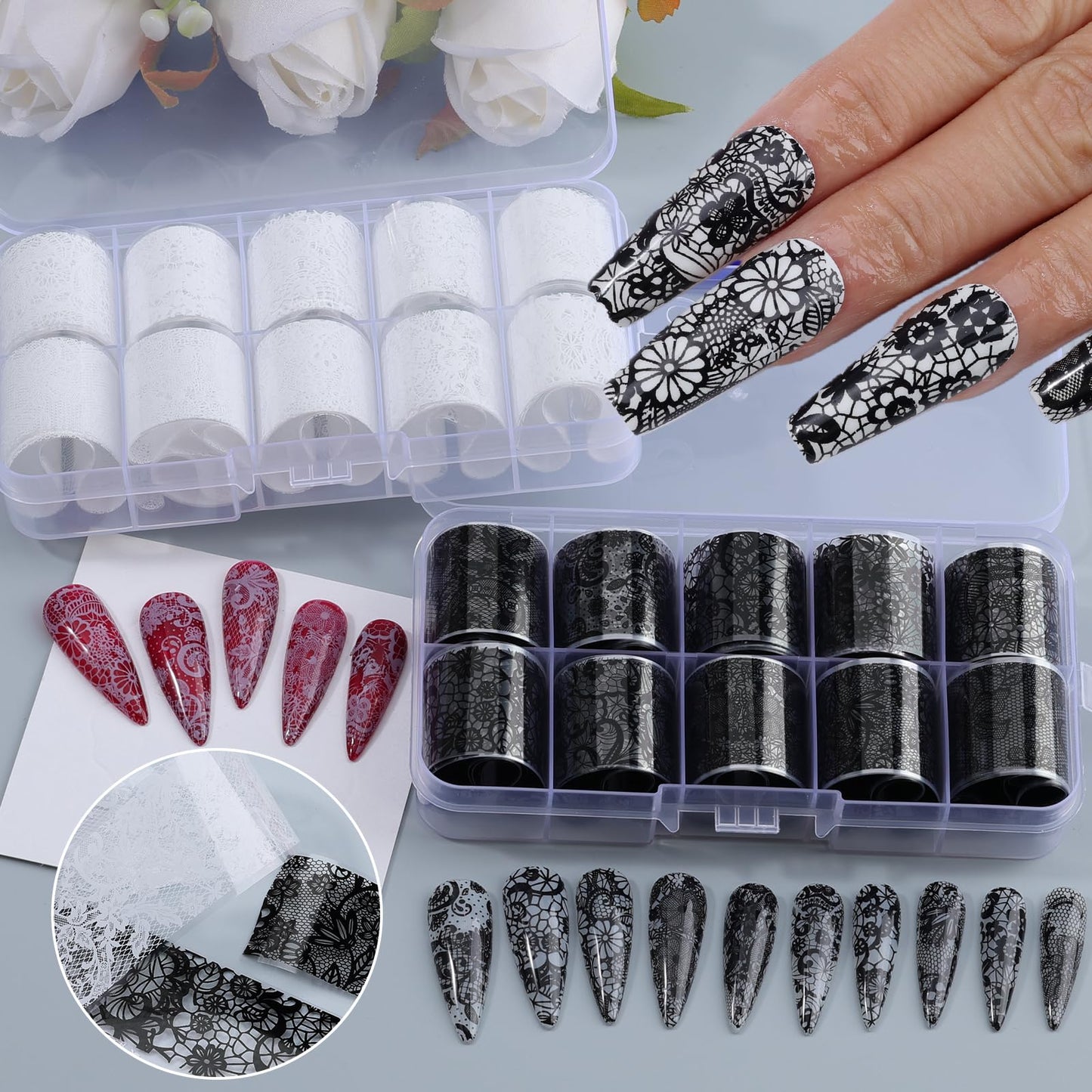 20 Rolls Lace Nail Foil Sheets, Black and White Flower Nail Transfer Foil, Nail Art Decals and Holographic Foils for DIY Acrylic Nails, Manicure Stickers and Nail Decoration for Women