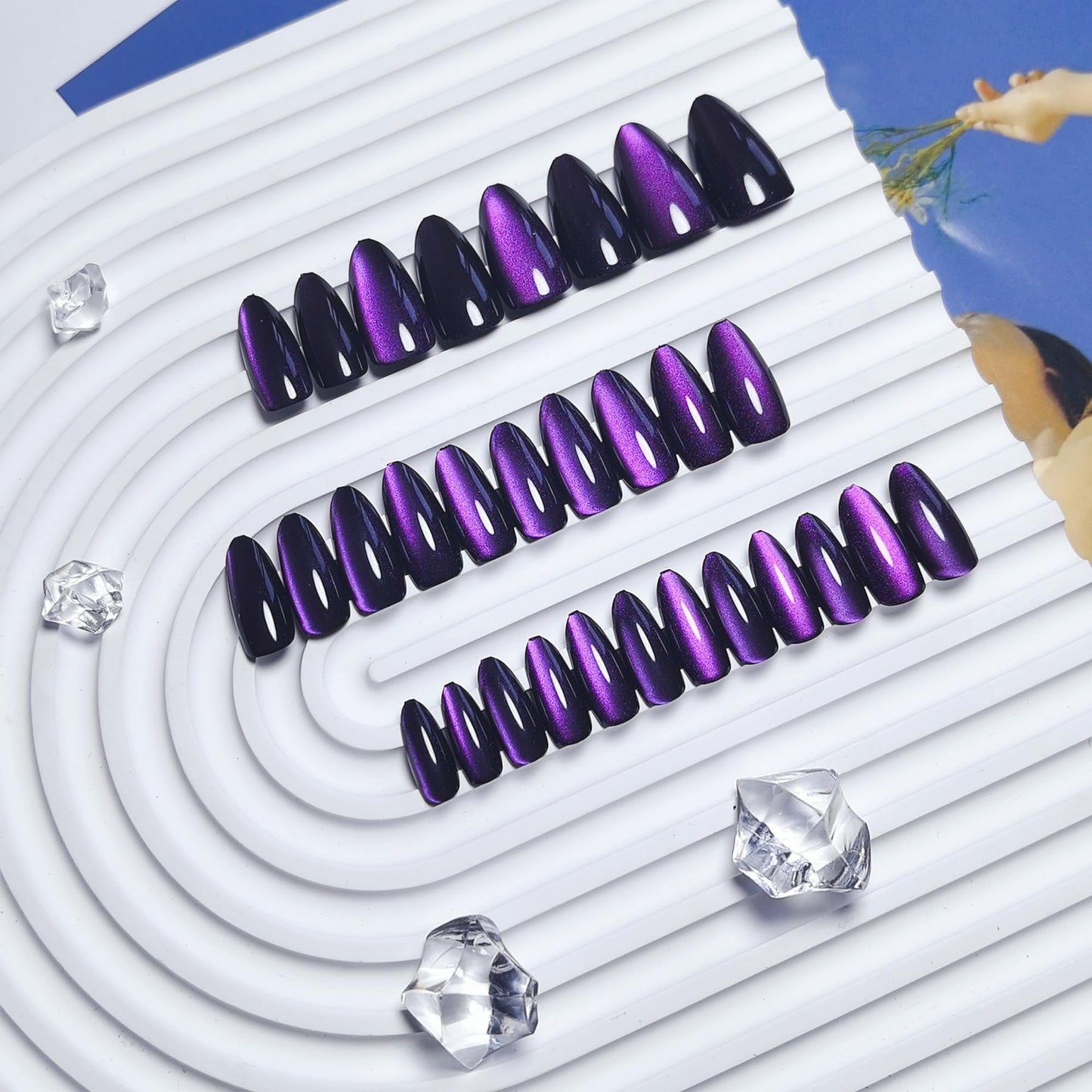 Cat Eye Black Purple Press On Nails Medium Short Almond Shaped - 30Pcs Stiletto Fake Nails Acrylic Press ons Natural Thick Gel Nails Short Glue on Nails Opaque Glitter False Nails for Women No Glue