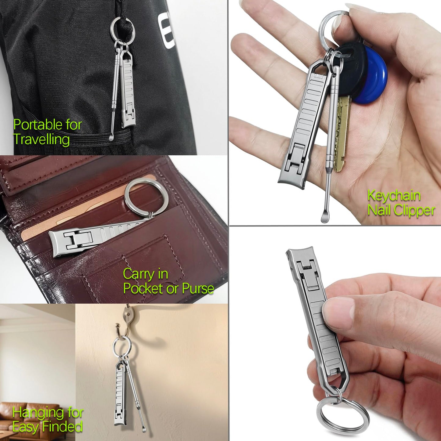 VOGARB Portable Nail Clippers for Natural Fingernail and Toenails, UItra Thin Stainless Steel Sharp Wide Jaw Folding Travel Finger Nail Cutter with Keychain and Earpick for Men, Women, Adults