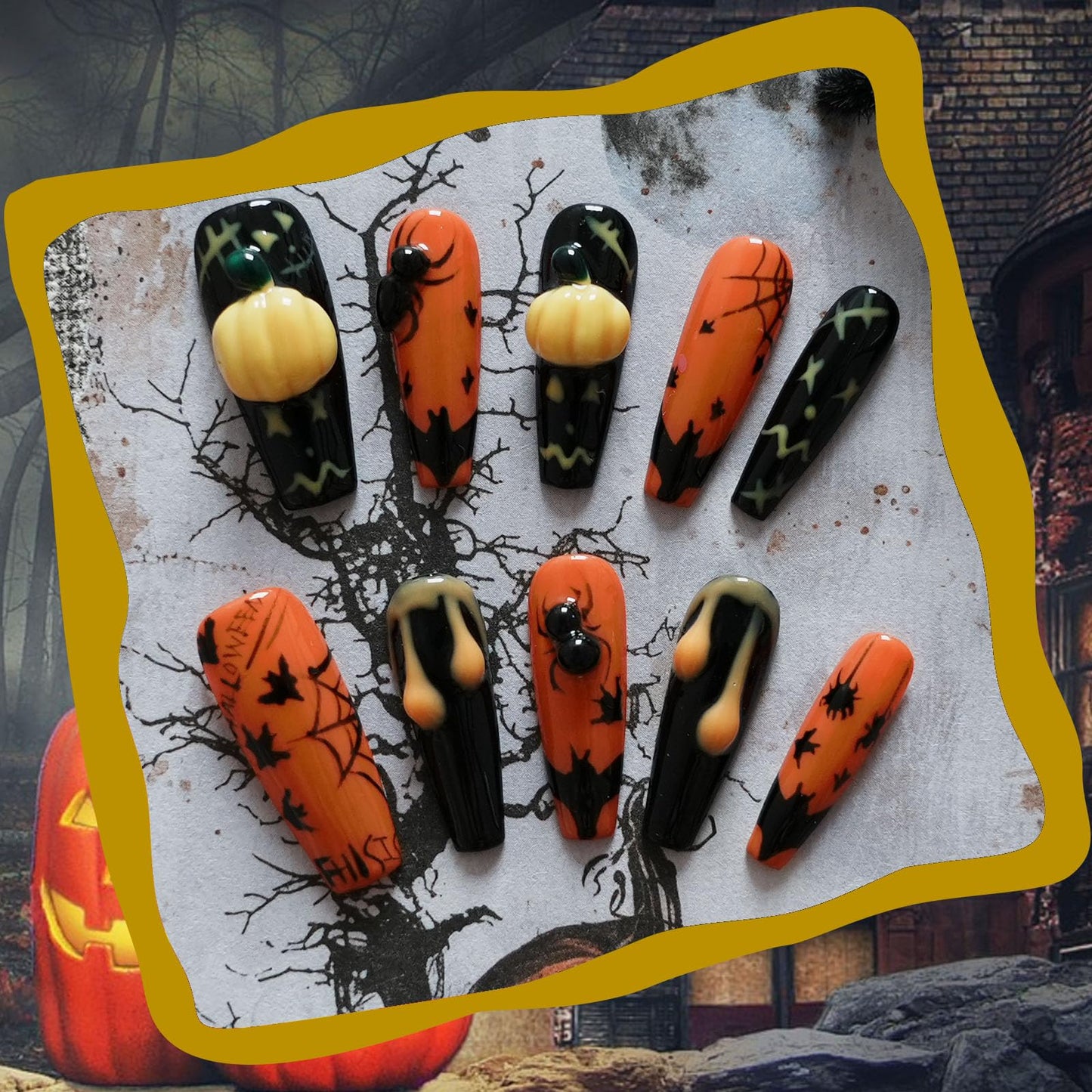 Tesytto Halloween Press on Nails Ballerina Shape Long Coffin - Black Base with Ant Web Bat Dripping Effect 3D Nail Art for Women & Girls (Pumpkin Bat Silhouette,S)