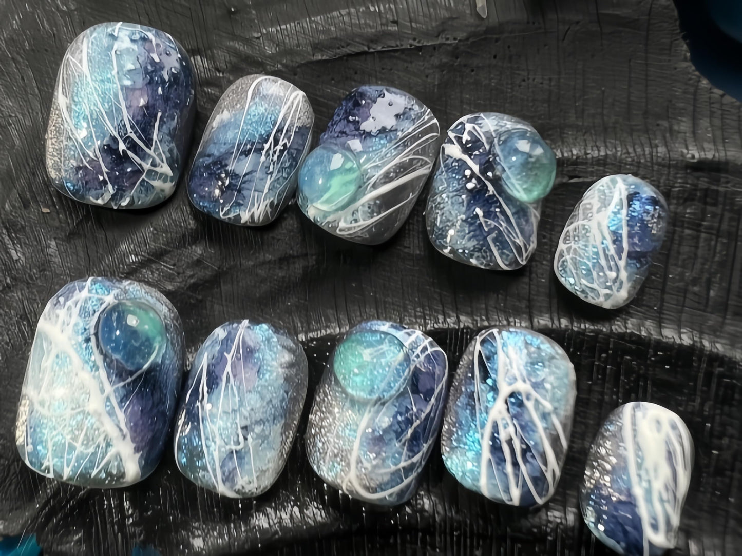 Fine Point Midnight Nebula Press On Nails for Women, 10pcs Short squoval False Nails, Handmade Galaxy Marble with White Line Art, Reusable Glue On Nails, Fun Mothers Day Gifts (Size Small)