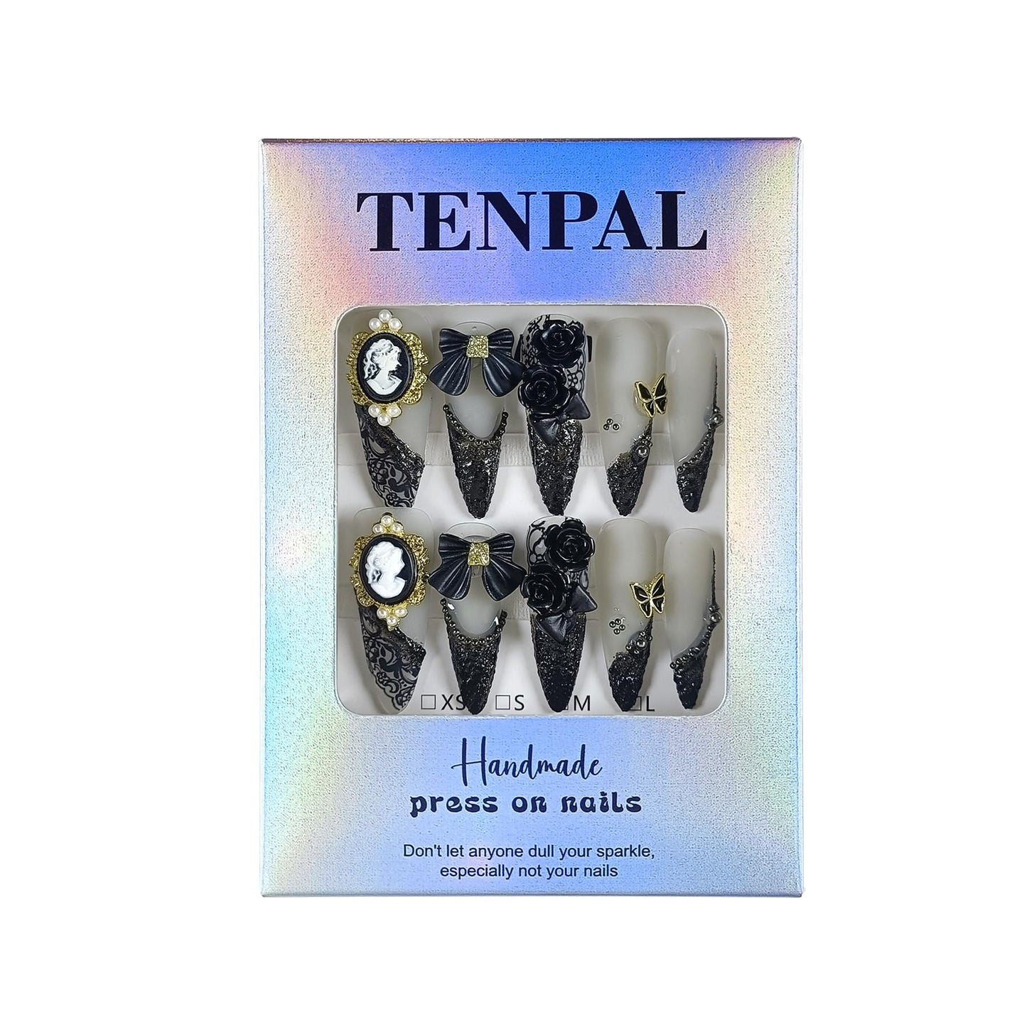 TENPAL 10Pcs Gothic Press On Nails Long Stiletto,Baroque Cameo & Floral Lace French Tip Glue on Nails with 3D Charms,Victorian Gothic Nails w/Tools,Glossy Dark Romantic Fake Nails for Party Event(XS)