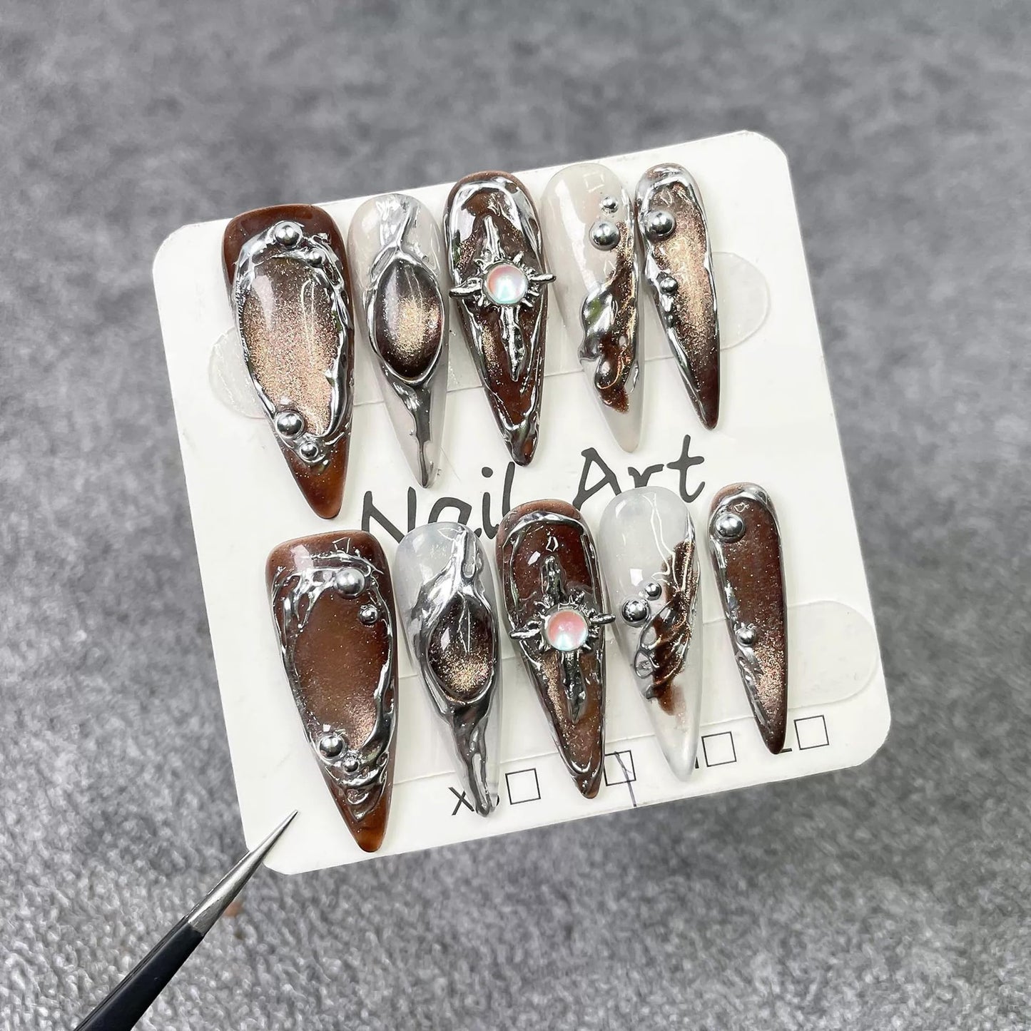 Handmade Long Press on Nails - Brown Cat's Eye Full Cover Fake Nails Glossy Almond False Nails with Embossed Swirl Design Acrylic Nails P ress ons Luxury Stick on Nail for Women 10Pcs(Size M)