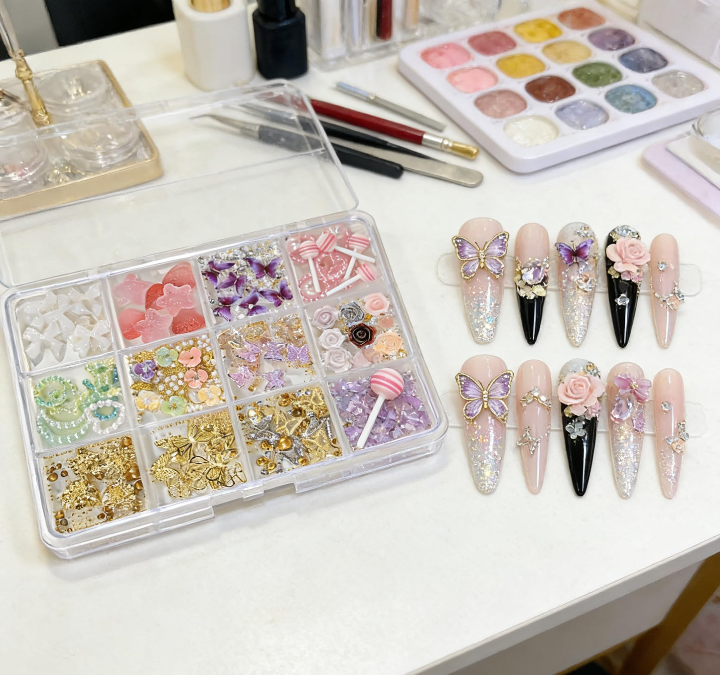 Chunmeng 3D Flat Back Nail Curse Set, Y2K Style, with Metal Butterfly, Peach Heart, Flower, Bow, and Heart Shaped - DIY Nail Decoration and Jewelry Making Mixed Nail Art Gemstone