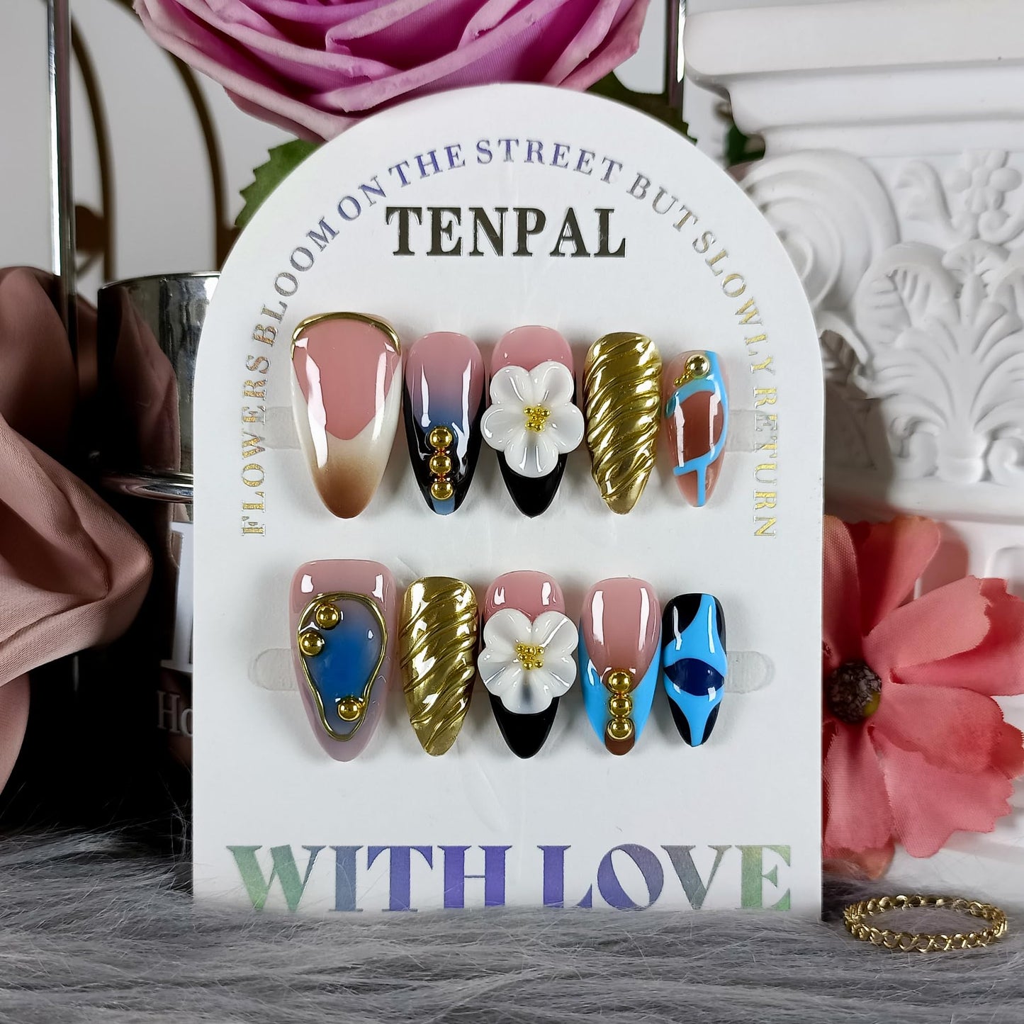 TENPAL 10Pcs Handmade Press On Nails With Tools,Gold & Blue French Tip Fake Nails Almond with 3D Floral Metal Charms,Glossy Thick Glue on Nails,Blushing Salon Acrylic Nails for Wedding Party(S)