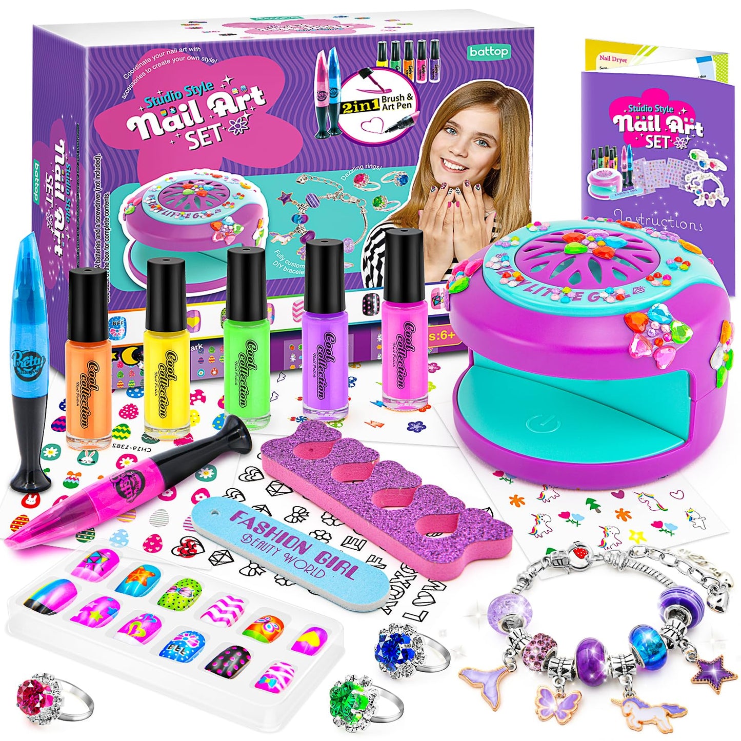BATTOP Kids Nail Polish Set for Girls - Kids Nail Art Kit with Dryer & Fake Nail & Sticker & Water Based Nail Polish & Nail Art Pen - Idea Gifts for Girls Ages 6 7 8 9 10 11 12