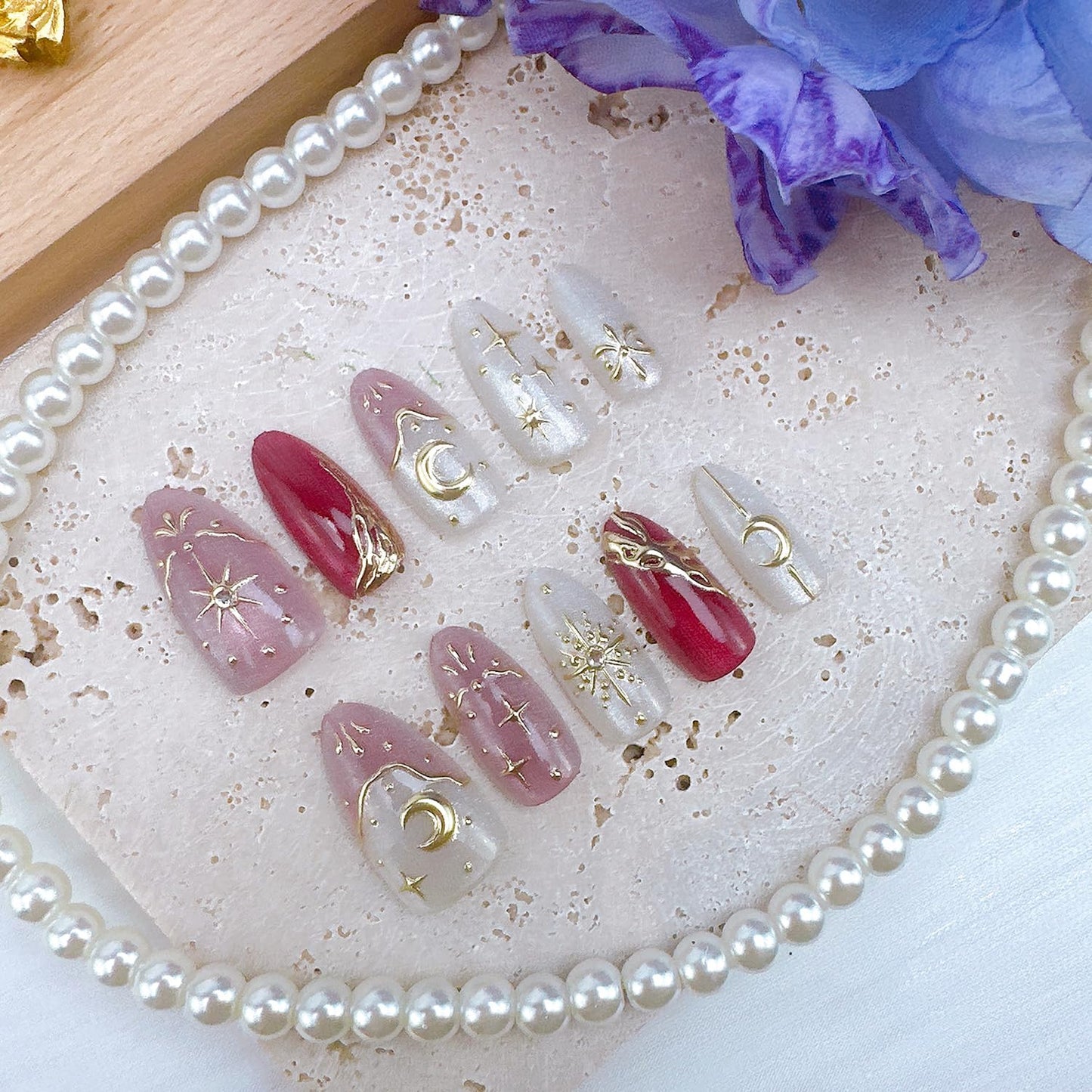 30Pcs Almond Press on Nails Medium Length Pink French Tip Fake Nails with Bohemia Designs Gold Stars Moon False Nails Glitter Pink Acrylic Nail Star Full Cover Glue on Nails for Women Nail Decorations
